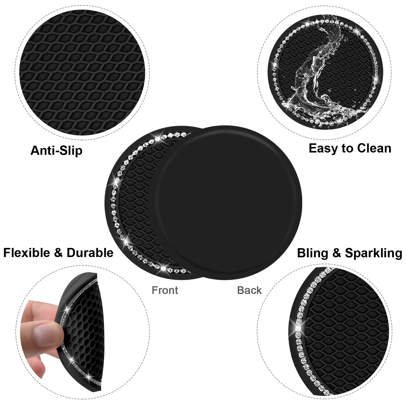 Car Coasters For Drinks,Shanshui Universal Stylish Bling Cup Holder For Vehicle Drinks Coaster Car Interior Accessories (Black/