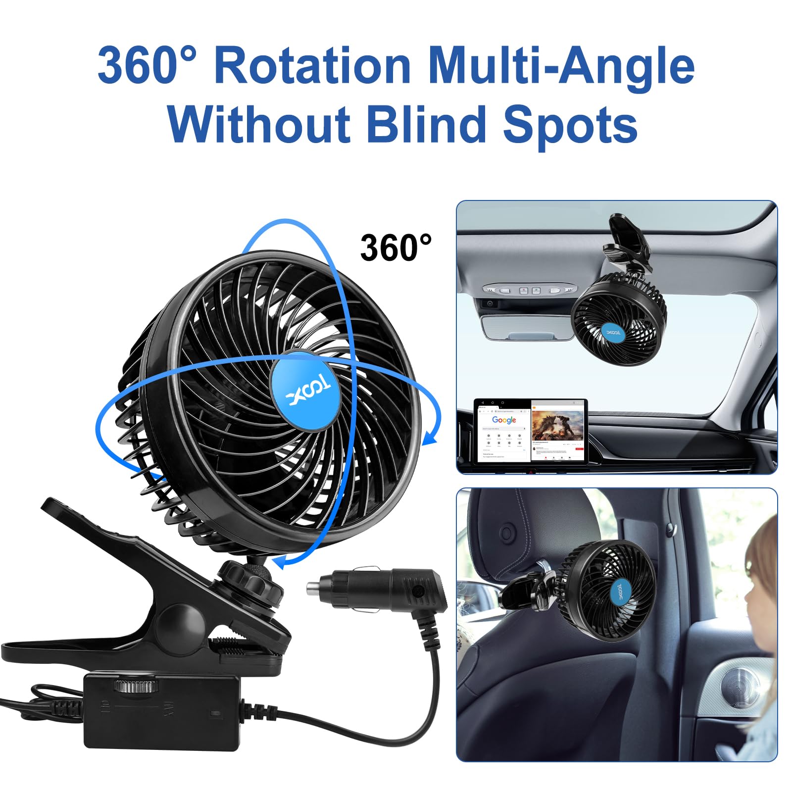 Xool 12V 6 ' ' Car Fan, Clip Fan 360 Degree Rotatable Car Fan Cooling Air Fan With Stepless Speed Regulation & Cigarette Lighter
