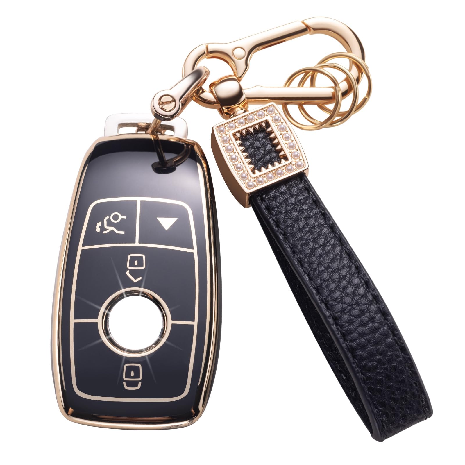 CACARLIKE - Benz Key Fob Cover, Leather Lanyard with Smart Key Protection, Compatible with A, C, G, E & S Class 2017-2021