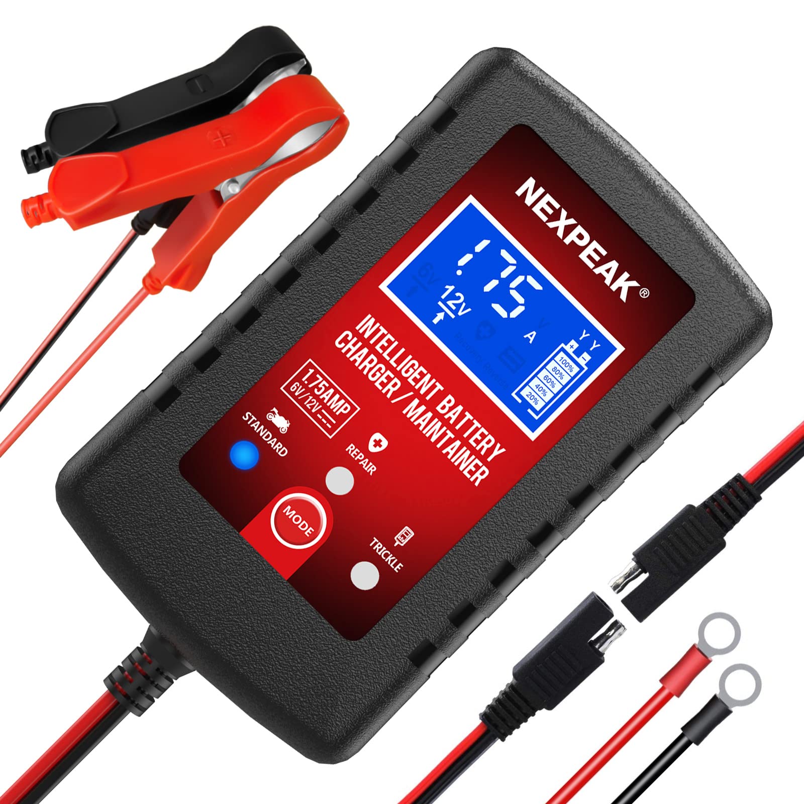 1.75-Amp Car Battery Charger, 6V And 12V Smart Fully Automatic Battery Charger Maintainer, Trickle Charger, Battery Desulfator For Car, Lawn Mower, Motorcycle, Boat, Marine Lead Acid Batteries