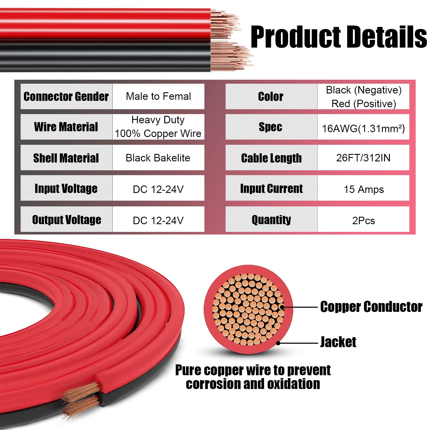 1Pcs 26Ft 12V/24V Heavy Duty Cigarette Lighter Extension Cable 16Awg, 156W/15A Male Plug To Female Socket Adapter Extension Cord