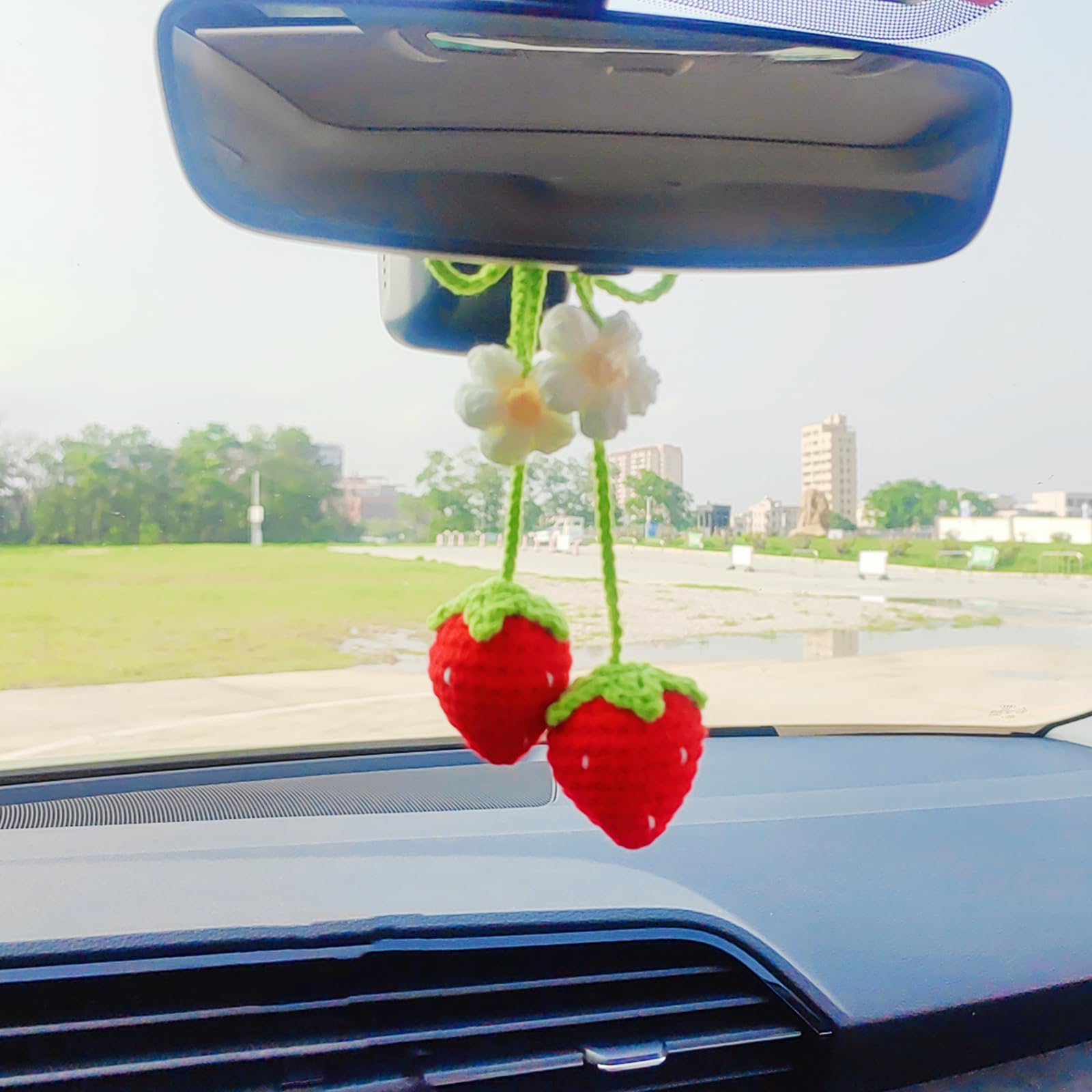 Crochet Strawberry Rear View Mirror Hanging Accessory, Flower Car Interior Ornament, Cute Hanging Decor for Women, Bag Charm