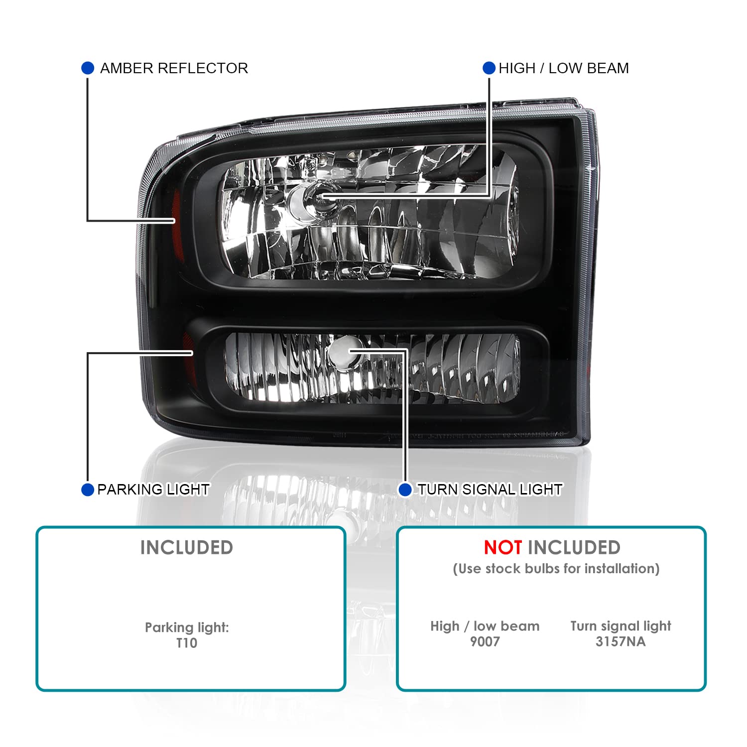 Spec-D Tuning Black Clear Headlights Compatible With 1999-2004 Ford F250 F350 F450 Super Duty, 2000-2004 Excursion, L+R Pair Head Light Lamp Assembly