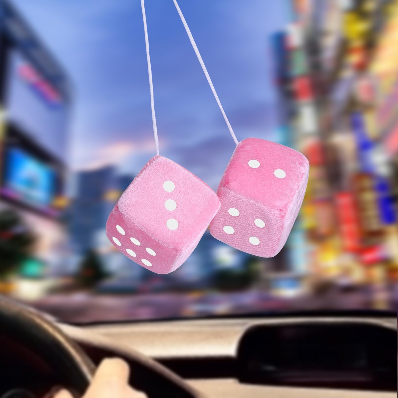 Fuzzy Dice For Rear View Mirror, Pink Fuzzy Dice For Car Mirror, 2.75Inch Pair Of Plush Retro Square Hanging Dice With White Dot