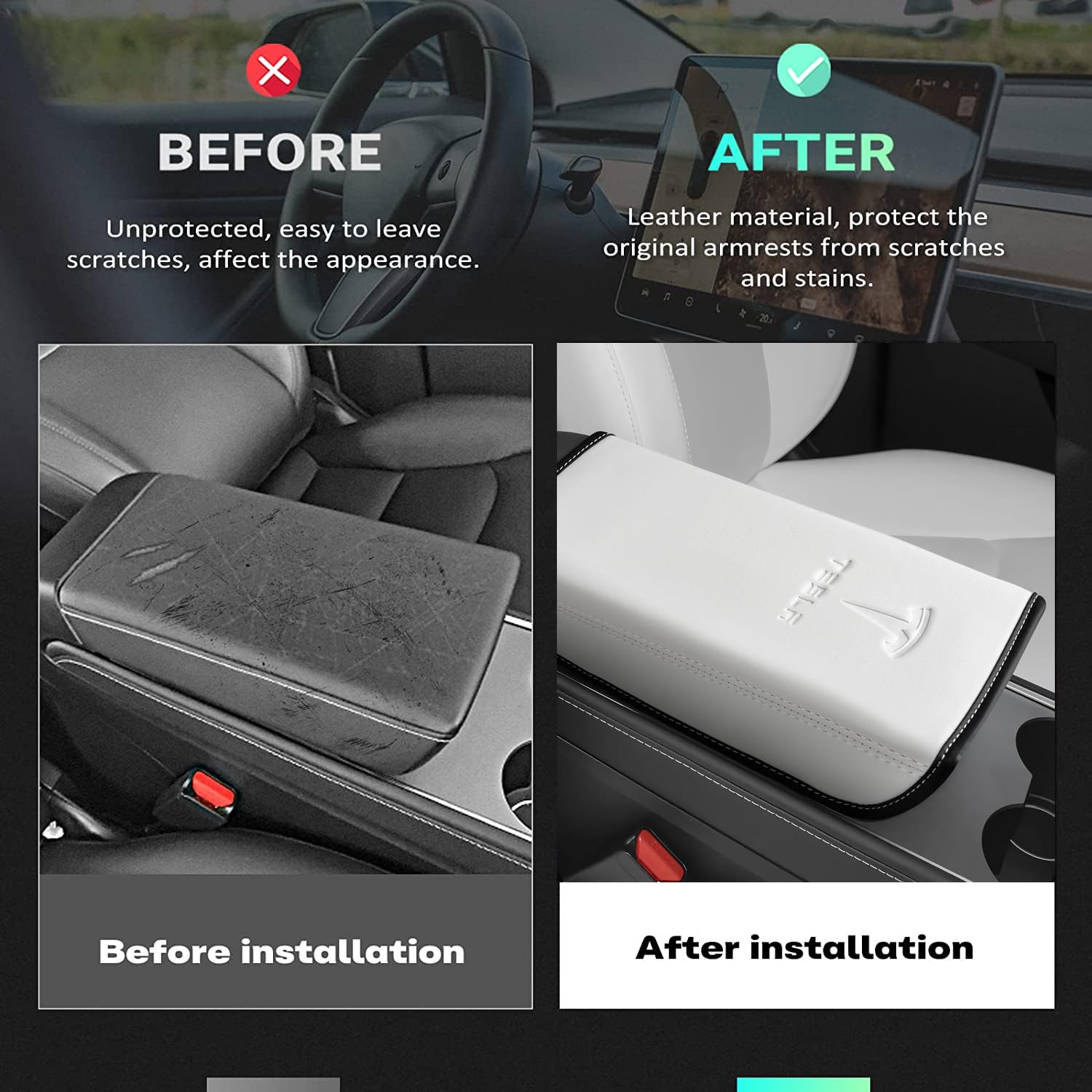 Armrest Cover Designed for Tesla Model 3/Y 2017-2023 2024, Leather Center Console Armrest Box Cover Anti-Scratch Protector Pad I