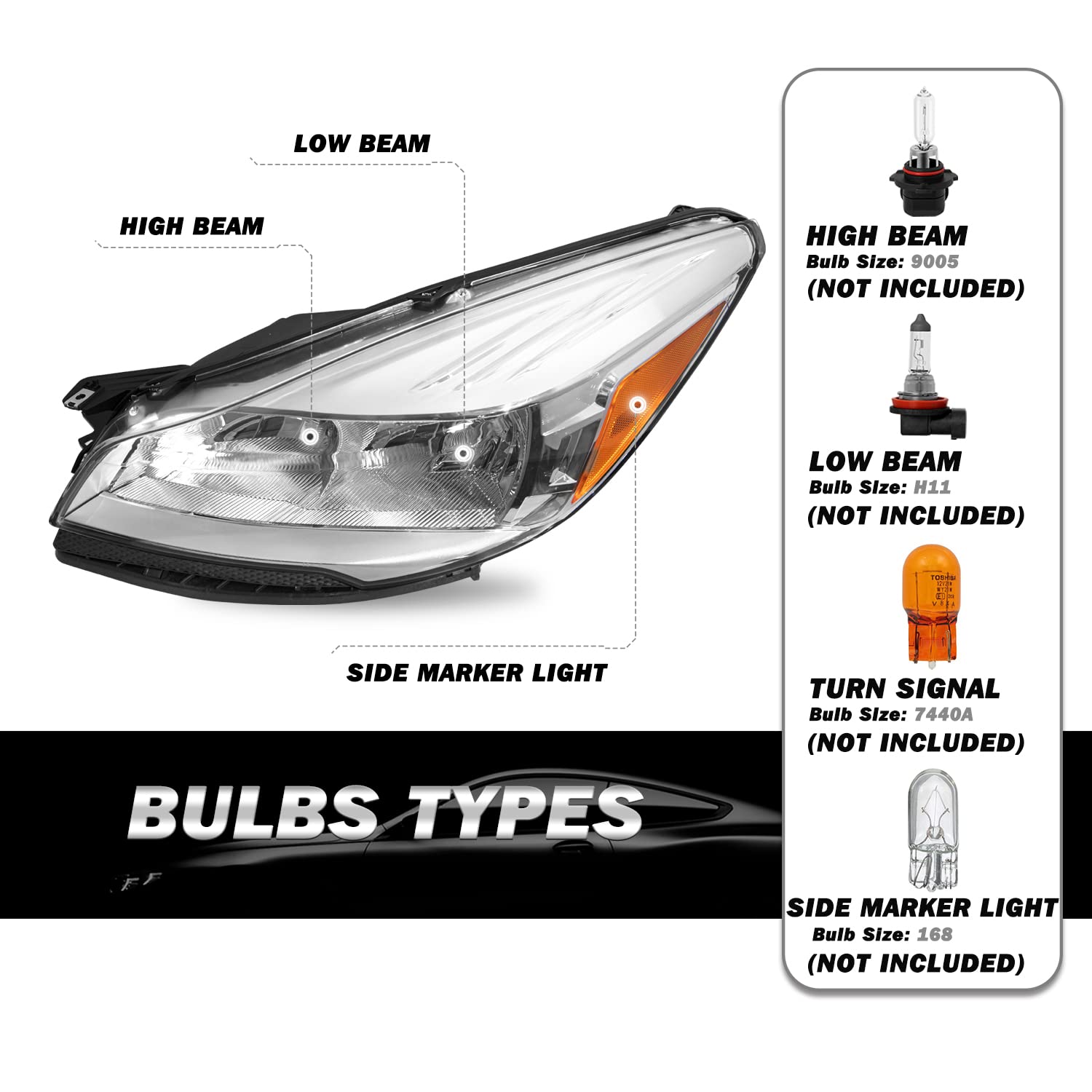 Sockir Headlight Compatible With 2013-2016 Ford Escape Replacement Halogen Headlamp,(Chrome Housing With Amber Reflector) Driver & Passenger Side