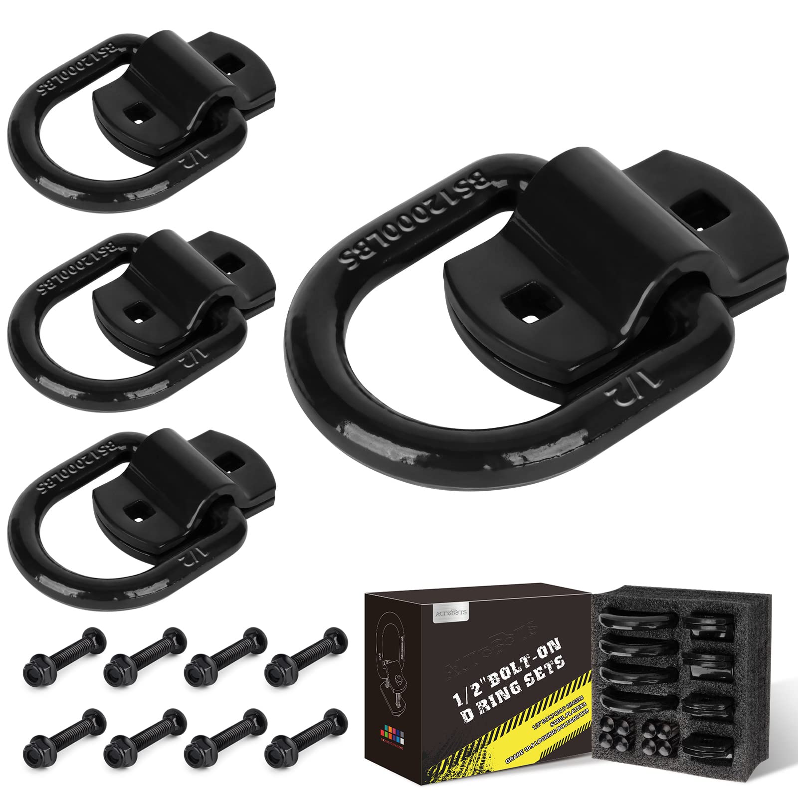 Autobots 1/2 Heavy Duty Bolt-On Forged D Ring, 12000Lbs Break Strength Tie Down Anchors Hooks, For Trailers, Trucks, And Cargo Tie Downs (Pack Of 4) Black