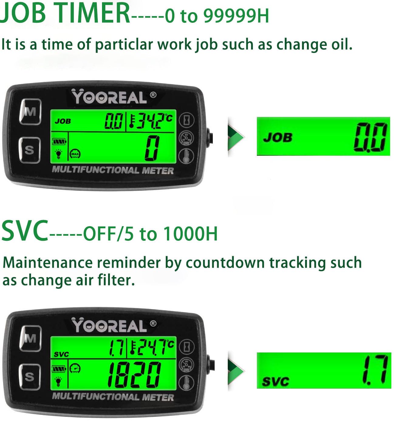 Yooreal Digital Tach Hour Meter,Small Engine Temperature Gauge,Backlit Tachometers,Waterproof For Scooter Mini Bike Motorcycle Lawn Tractor Generator Dump Truck