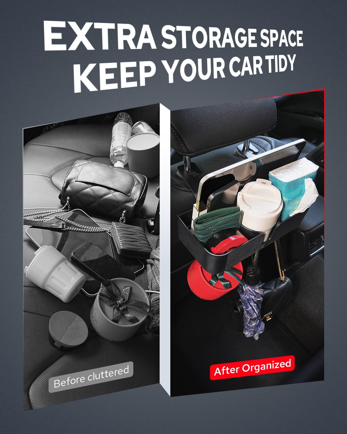 Benlari Car Headrest Backseat Organizer Cup Holder - 3 in 1 Seat Back Organizer with 3.7'' Cup Holder, Headrest Hooks, Multifunc