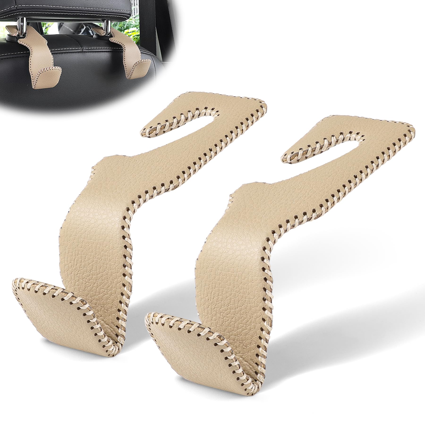 Livtee Beige Superior Leather Car Seat Back Headrest Hook, Auto Seat Hook Hangers Interior Accessories For Purse Coats Umbrellas