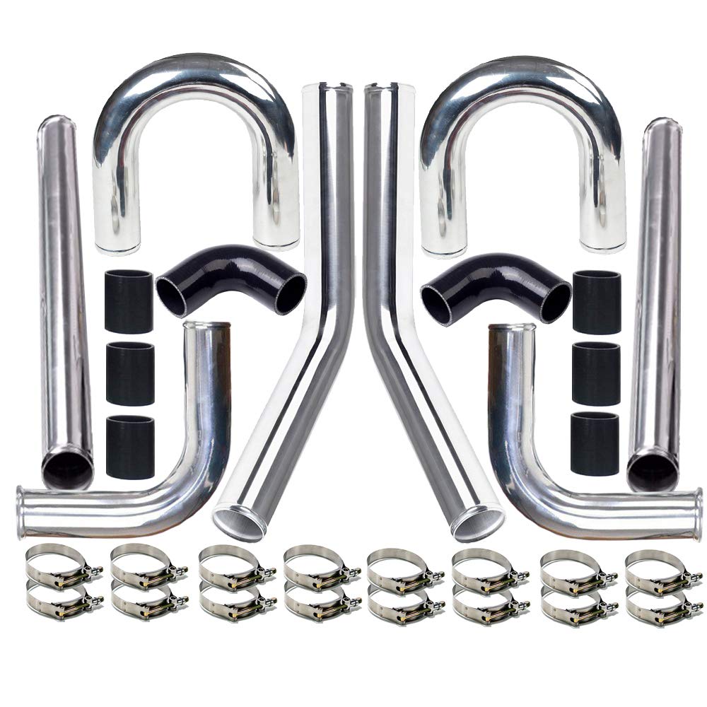 Moosun 2.5 8Pcs Universal Aluminum Tube Set 600Mm Polished Aluminum Turbo Intercooler Pipe+8 Elbow Hose+16 Clamps Kit