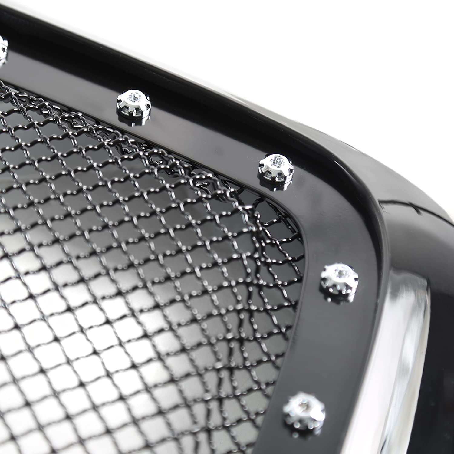 Spec-D Tuning Black Rivet Stainless Wire Mesh Grille With Shell Compatible With 2006-2008 Dodge Ram 1500 2500 3500 Truck