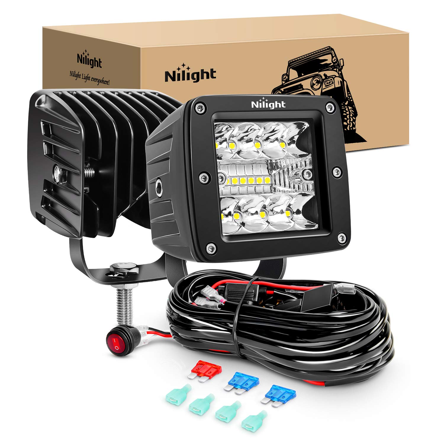 Nilight 2Pcs 3Inch 42W Led Pods Led Cubes Upgraded Spot Flood Combo Beam Square Driving Light Backup Light Reverse Light Grill M