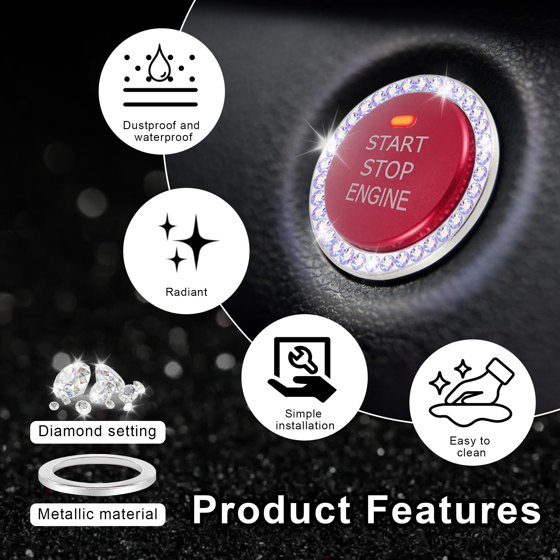 Livtee 2 Pcs Crystal Combinatorial Rhinestone Car Engine Start Decoration Ring, Push To Start Button Cover Sticker, Bling Car In