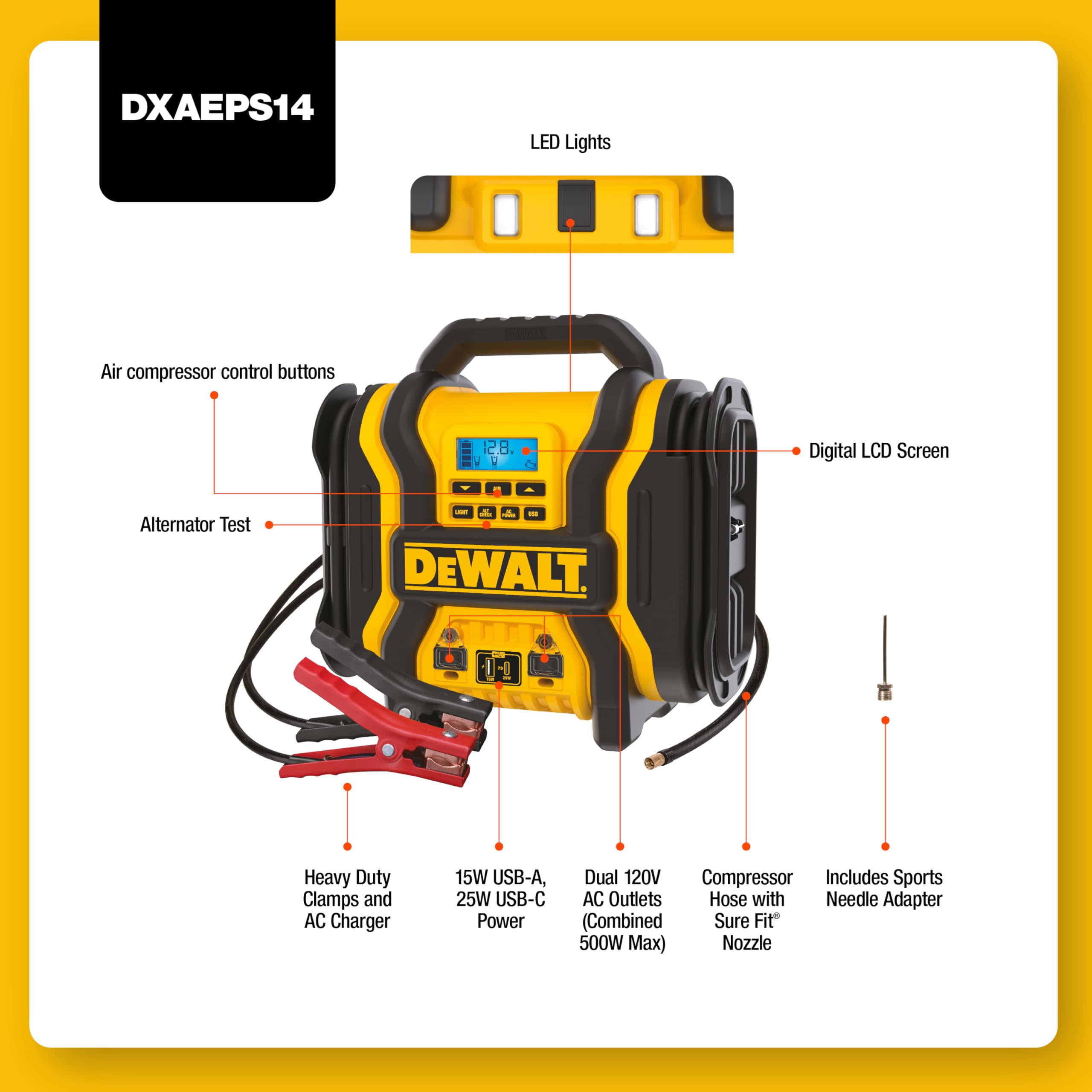 DEWALT DXAEPS14-Type2 2000 Peak Battery Amp 12V Automotive Battery Booster Jump Starter/Power Station with 500 Watt AC Power Inv