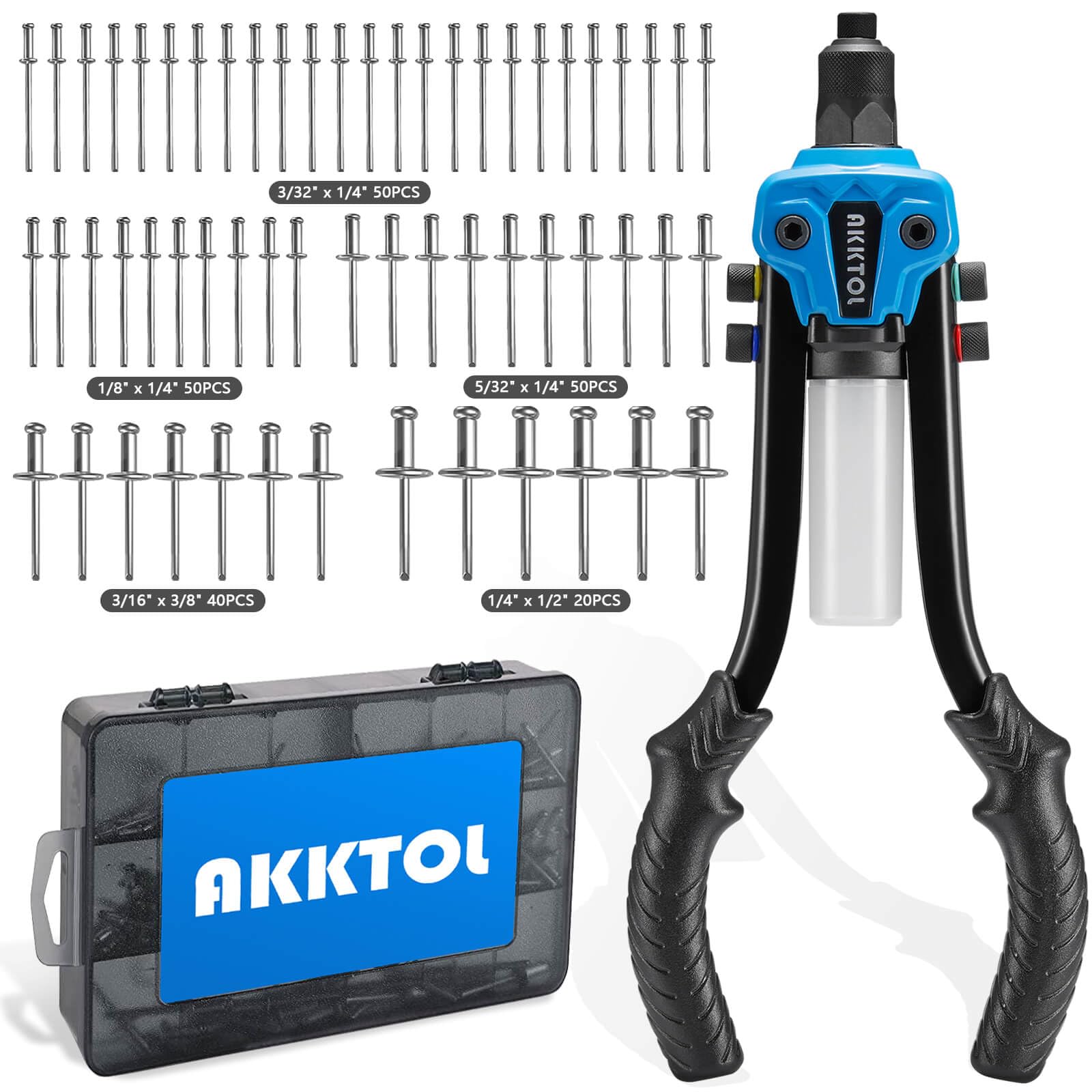 Akktol Rivet Gun Kit, 1/4 '' Pop Rivet Gun Kit With 210Pcs Blind Rivets, Heavy Duty 13 '' Rivet Gun Tool With 5 Nosepieces Incl.