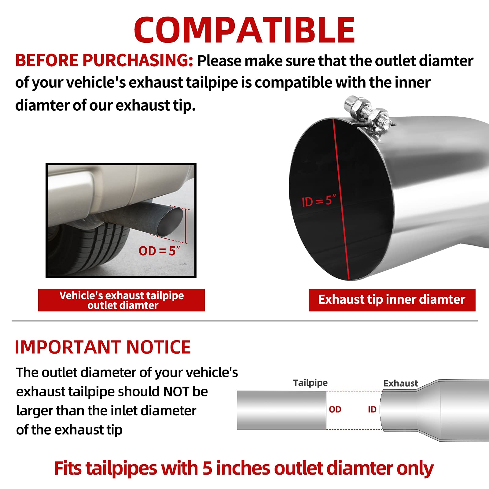 Autosaver88 5 Inch Inlet Exhaust Tip, 5 Inlet 5 Outlet 15 Overall Length Stainless Steel Exhaust Tips Chrome Polished Tailpipe