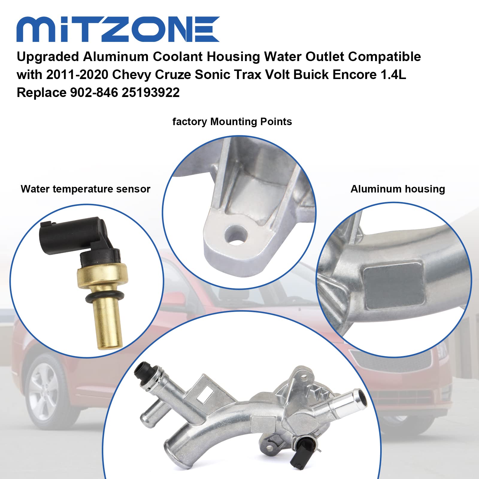 Mitzone Upgraded Aluminum Coolant Housing Water Outlet Compatible With 2011-2020 Chevy Cruze Sonic Trax Volt Buick Encore 1.4L Replace 25193922 902-846