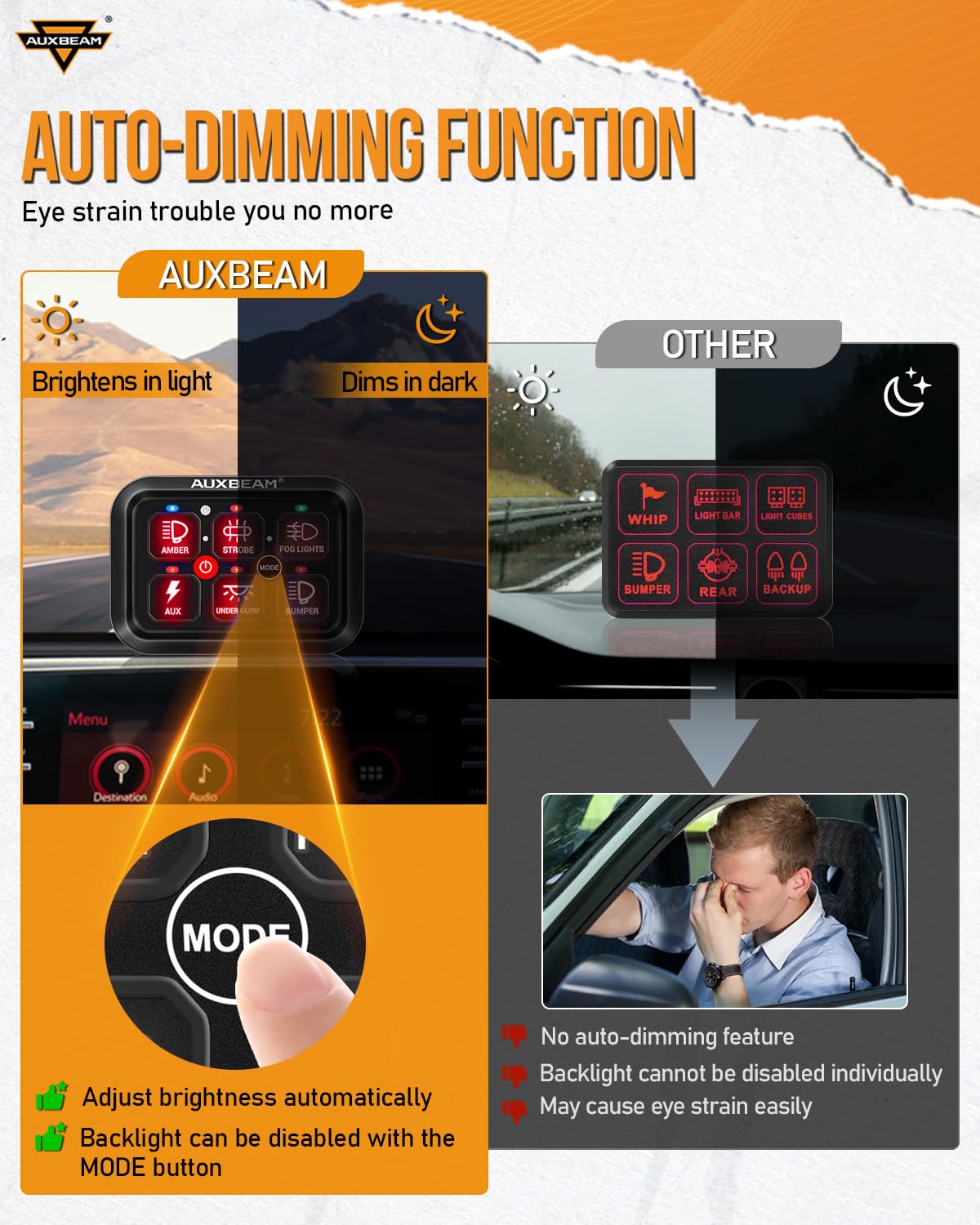 Auxbeam RGB 6 Gang Switch Panel RA60 Auto-Dimmable Switch Panel w/Momentary Toggle Pulsed Memory Function, 12-24V Switch Panel f