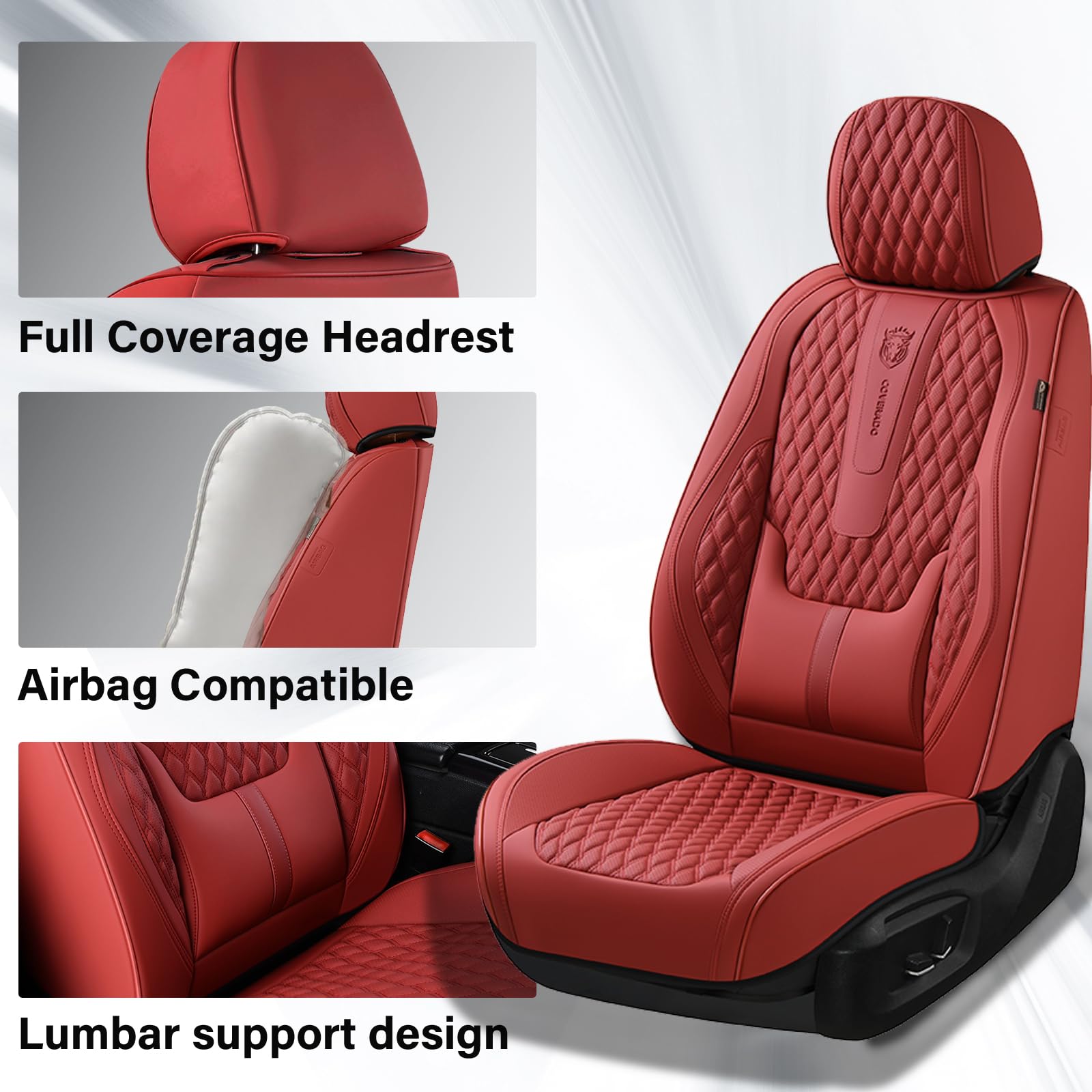 Coverado Car Seat Covers Front Seats, Luxury Faux Leather Red Seat Covers for Cars Waterproof Seat Covers with Lumbar Support, C