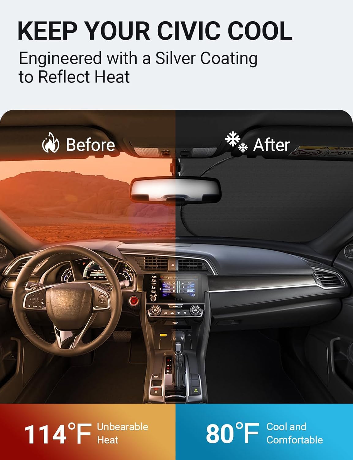 Proadsy 2025 Upgrade Windshield Sun Shade Custom Fit Honda Civic 2016-2021 4-Layer Foldable Front Sunshade Protector Sun Visor B