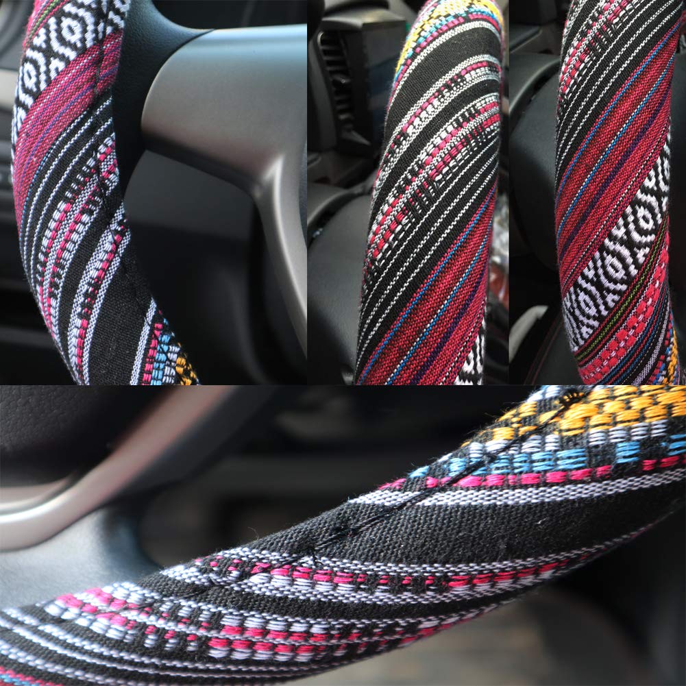 Shiawasena Car Steering Wheel Cover, Coarse Flax Cloth, Ethnic Style, Universal 15 Inch Fit, Anti-Slip Sweat-Absorbent (H#)