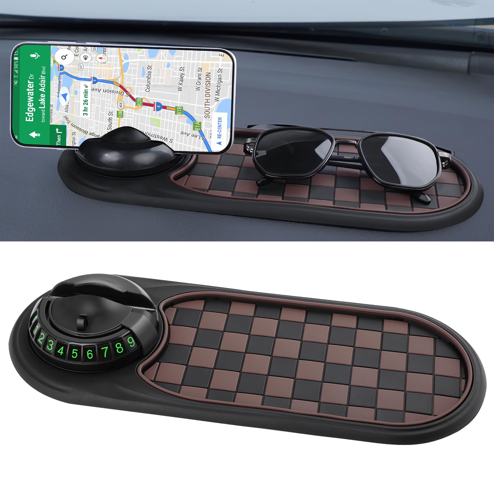 Multifunction Car Anti-Slip Mat Auto Phone Holder,Rotatable Anti Skid Car Dashboard Mat with Temporary Parking Numbe and Large P