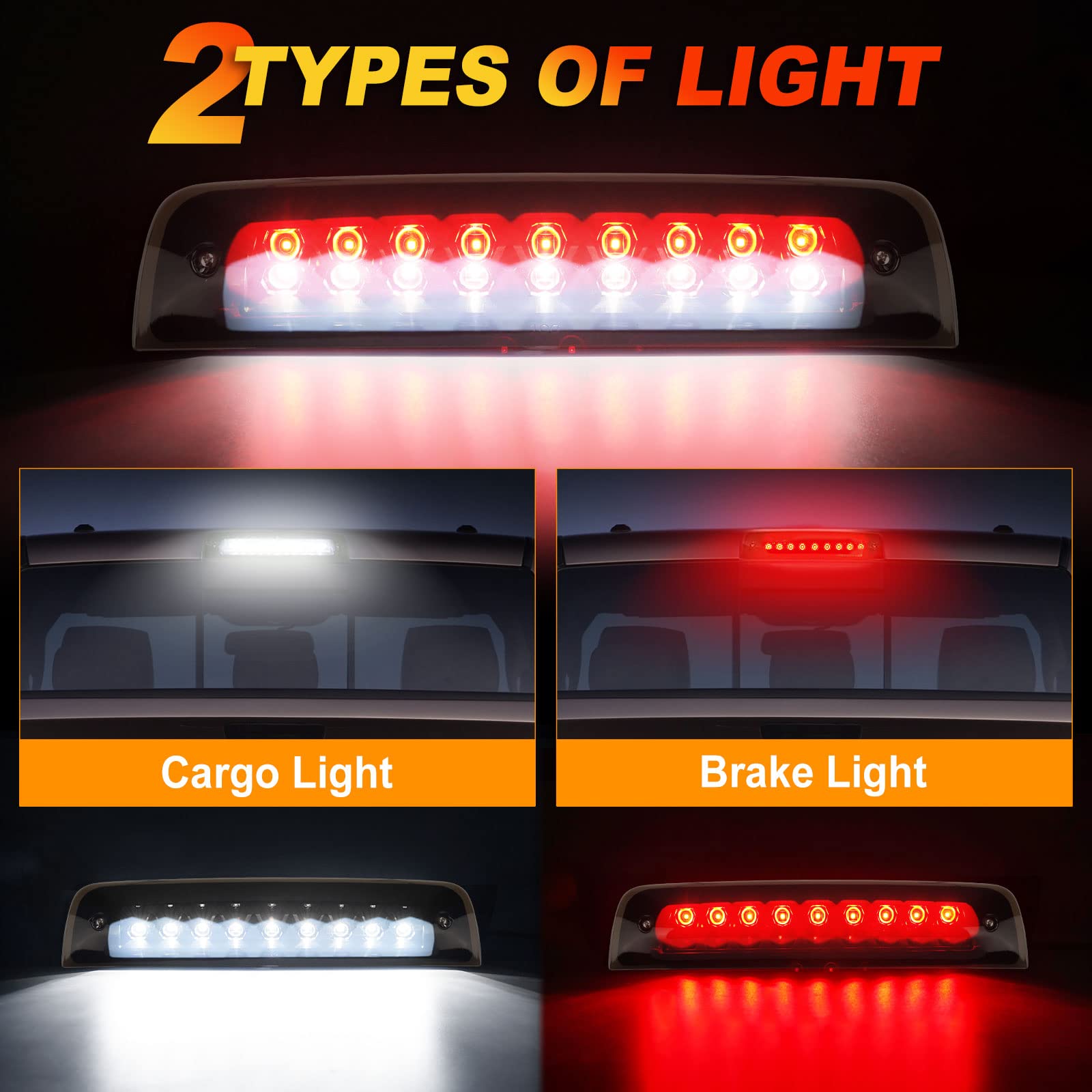 Bordan For Dodge Ram Third Brake Light Stop Lamp Compatible For 2009-2017 Dodge Ram 1500 2010-2017 Dodge Ram 2500 3500 White & R