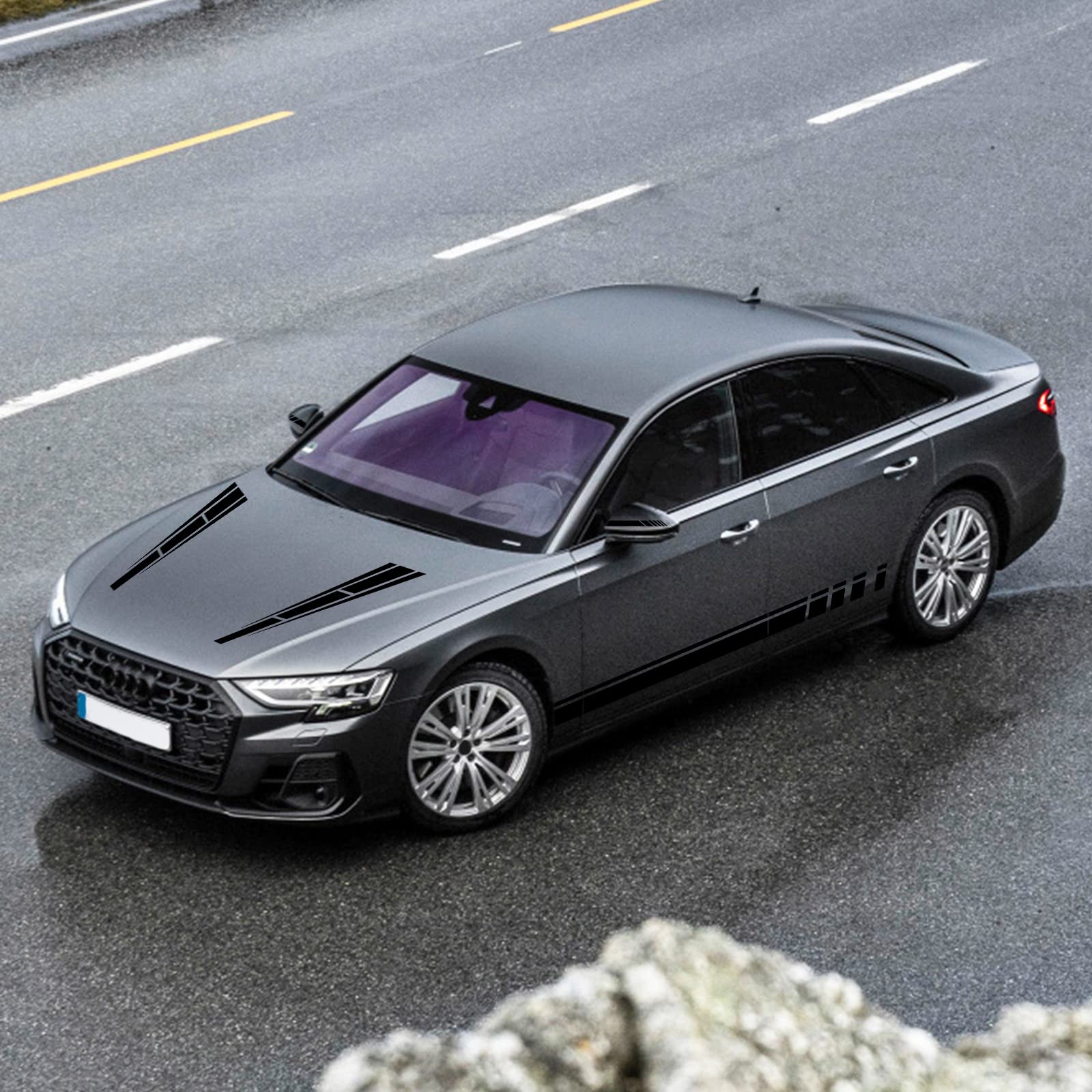 Bilisin Car Hood Stripe Vinyl Decals, 6Pcs Car Sport Racing Graphics Body Side And Rear View Mirror Accessories Decals Universal For All Cars Suv Trunk