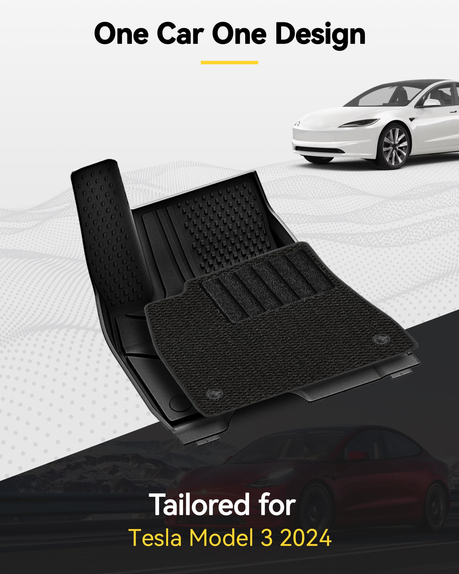 3W Floor Mats With Carpets For Tesla Model 3 2024 Trunk Cargo Liner, All-Weather Tpe Full Set Floor Liners And Cargo Liner Mats