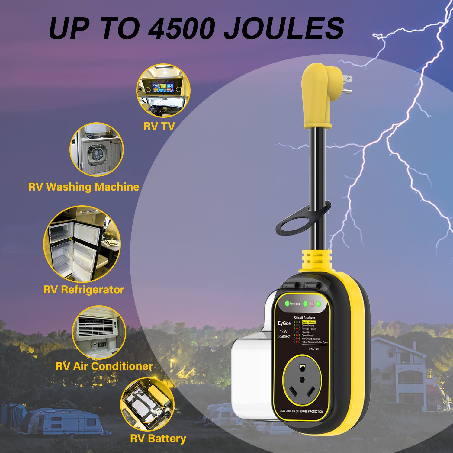 Eygde 30 Amp To 15 Amp 110 Rv Adapter With Surge Protector Waterproof - Patented 4500J 5-15P Male To Tt-30R Plug Rv Circuit Anal