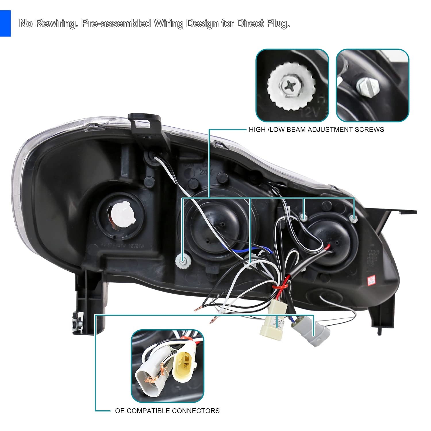 Spec-D Tuning Halo Led Smoke Lens Glossy Black Housing Projector Headlights Compatible With 2003-2008 Toyota Corolla, Left + Rig