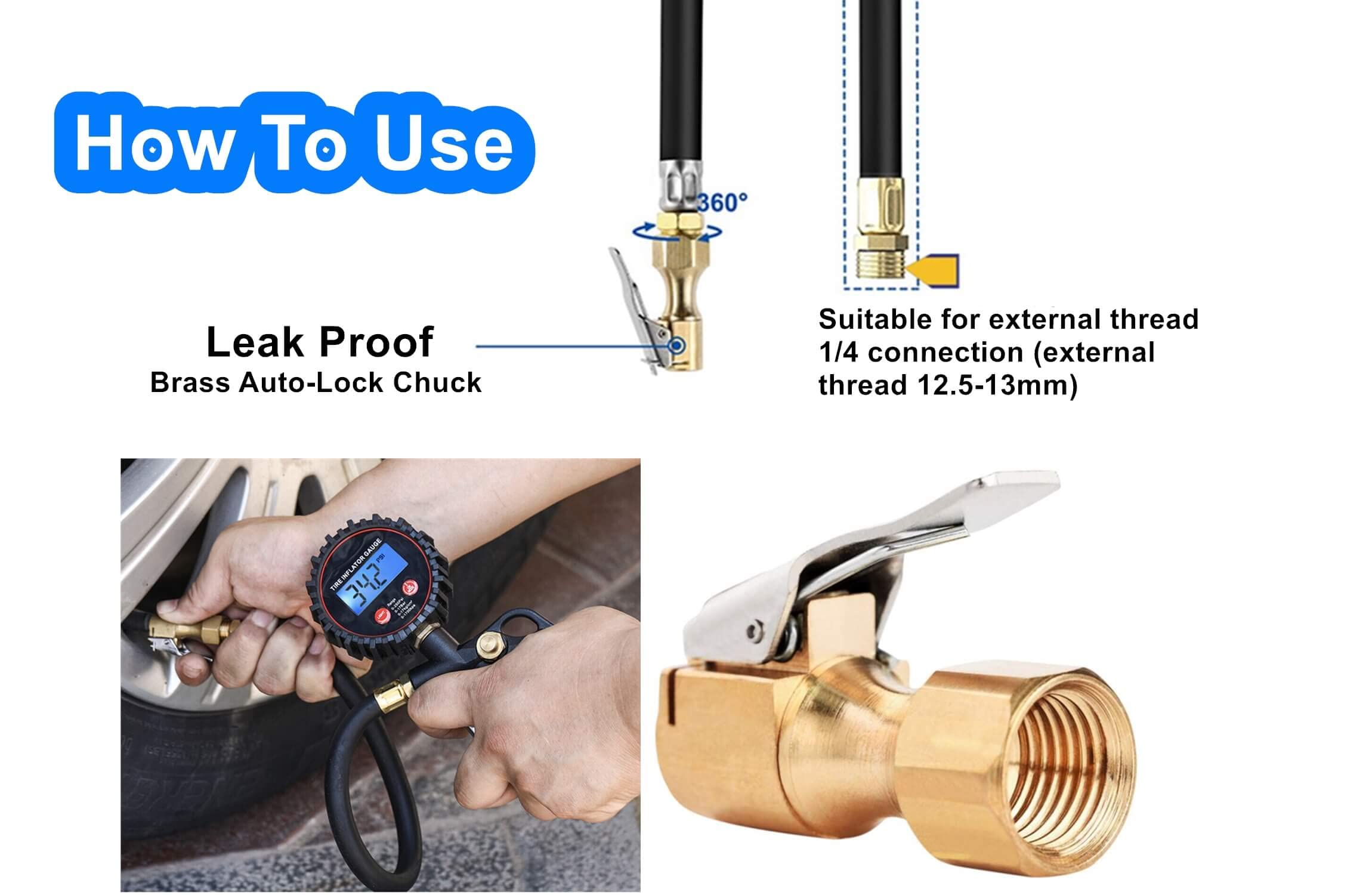 Heavy Duty Brass Air Chuck, Open Flow Straight Tire Chuck With Lock-On Clip, 1/4'' Fnpt Tyre Chuck For Tire Inflator Pressure Ga
