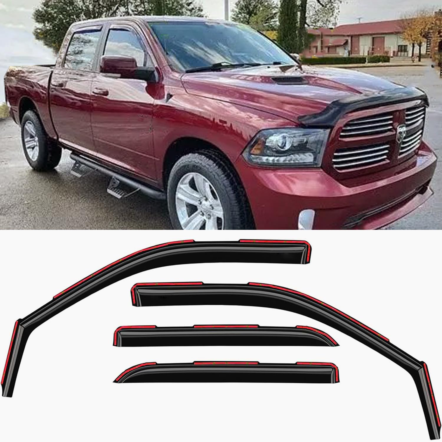 Dark Smoke In-Channel Window Visors Rain Guards For Truck 09-18 Dodge Ram 1500 Crew Cab, 2010-2024 Ram 2500 & 3500 Crew & Mega C