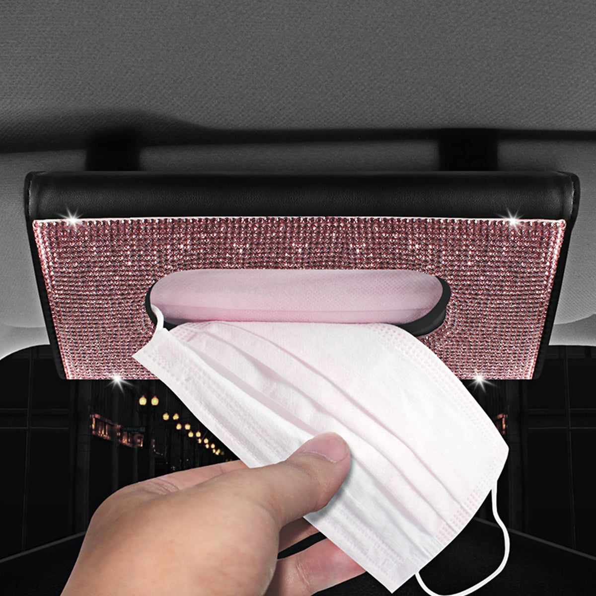 Guoord Bling Car Visor Tissue Holder Leather Crystal Sparkling Napkin Holder Car Accessories For Women (A-Bling Pink)