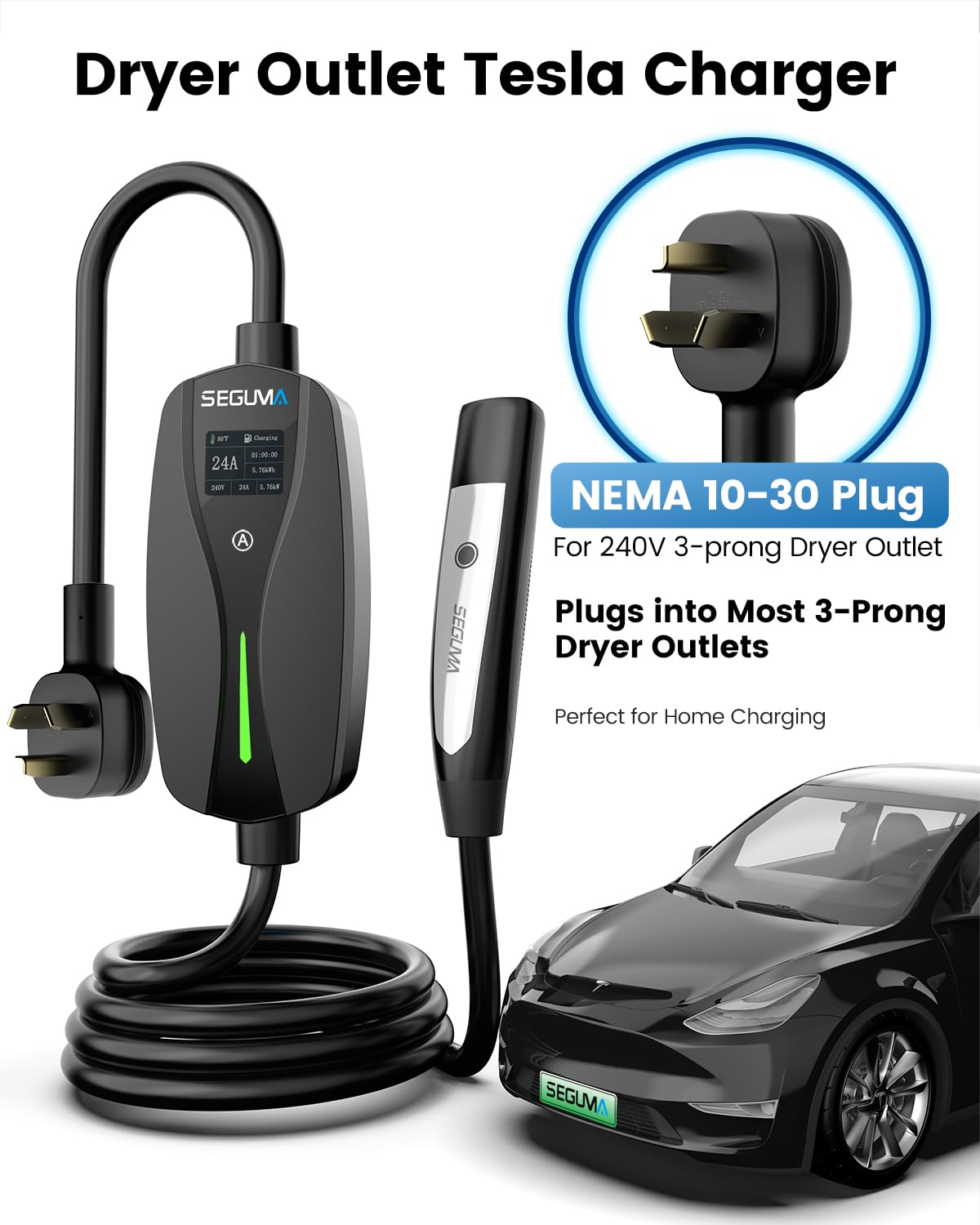 SEGUMA NEMA 10-30 Level 2 Tesla Charger-24A 240V, 25FT Extension Cable, Adjustable Current(10-24A)-Portable Home Mobile EV Charg