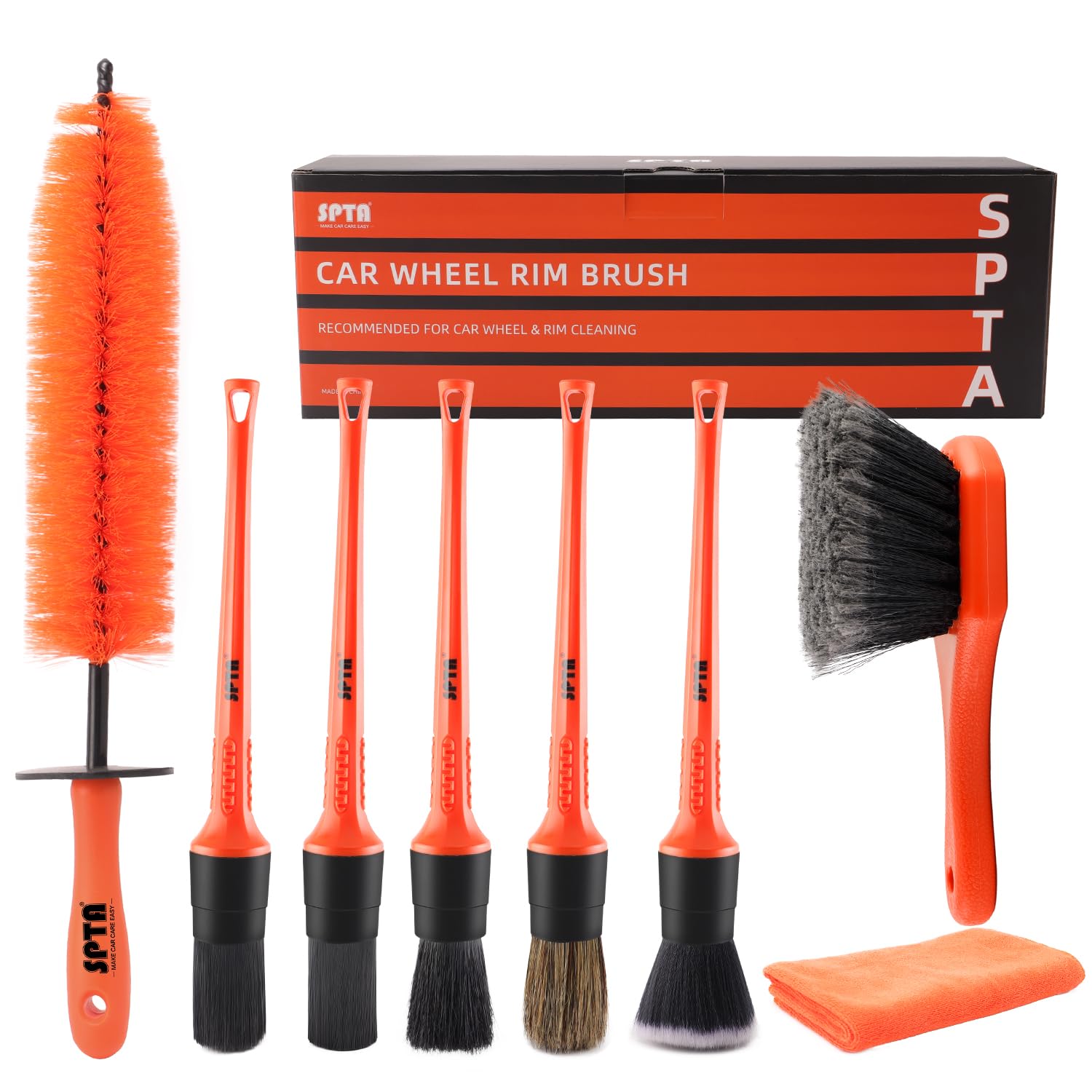 SPTA 8Pcs Wheel & Tire Brush Car Detailing kit, Easy Reach Wheel and Rim Brush, 5pcs Detailing Brushes, Short Handle Cleaning Br