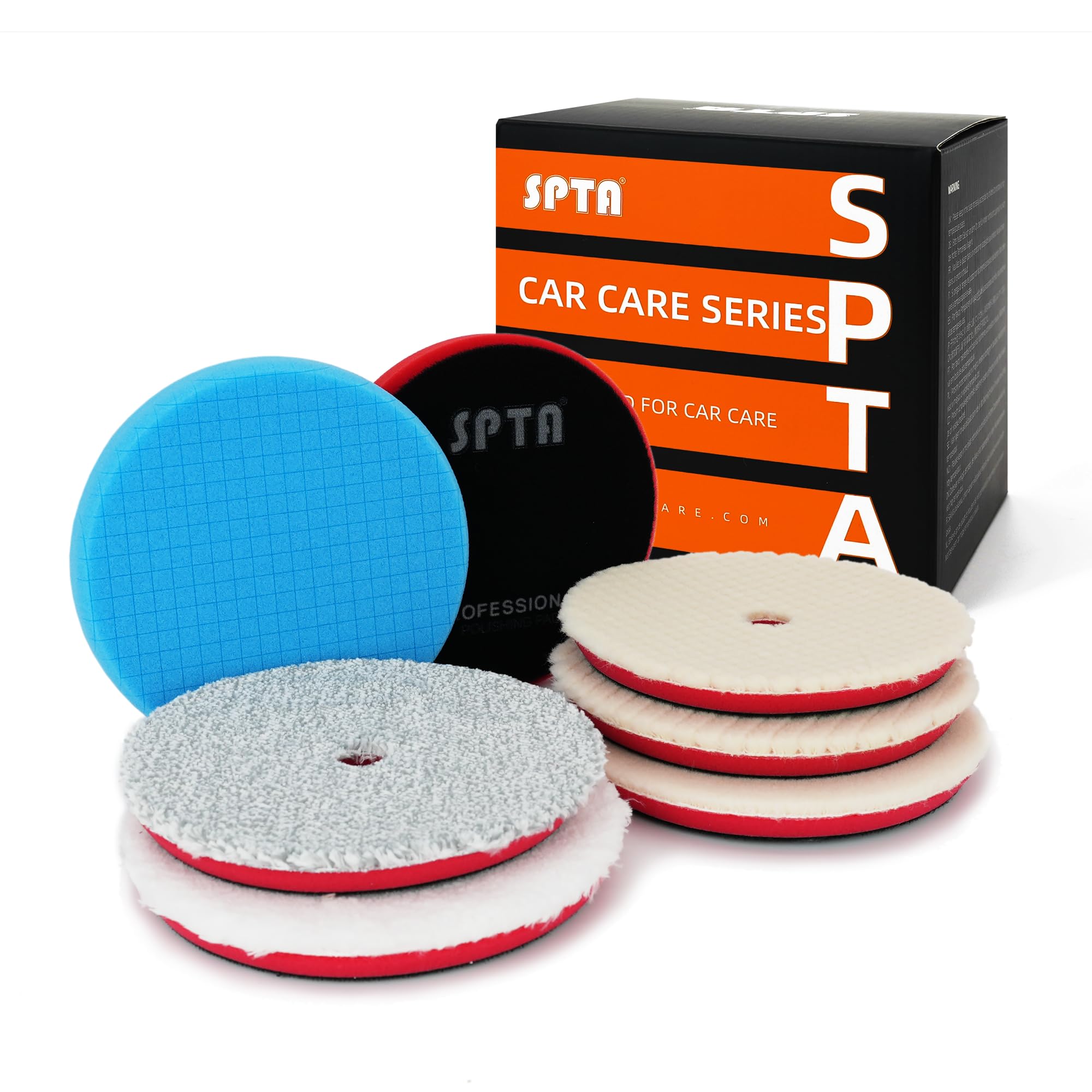 7Pcs 5inch Polishing Pads Set, 1 Blue Moderate Cut Pad, 1 Red Ultra Final Finish Pad, 3 White Heavy Cut Wool Pad, Gray Microfibe
