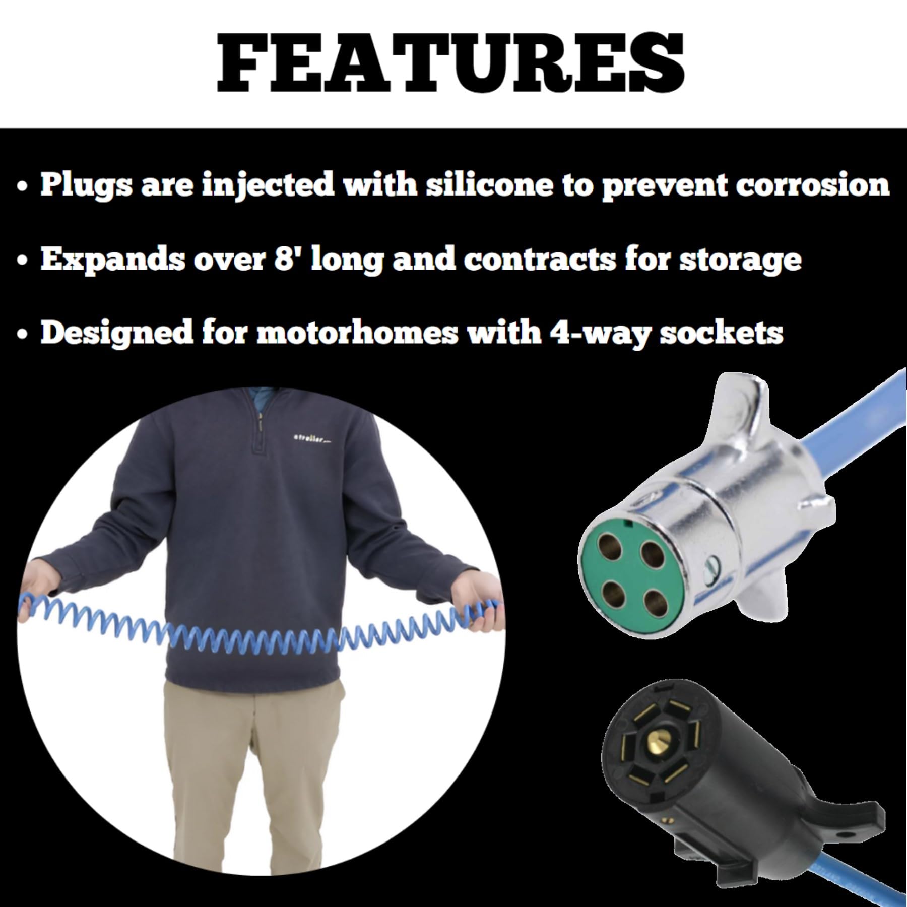 Roadmaster 164-7 Flexo-Coil 7-Wire to 4-Wire Adaptive Power Cord with Plugs, Sockets, & Socket Bracket Included | Designed for M
