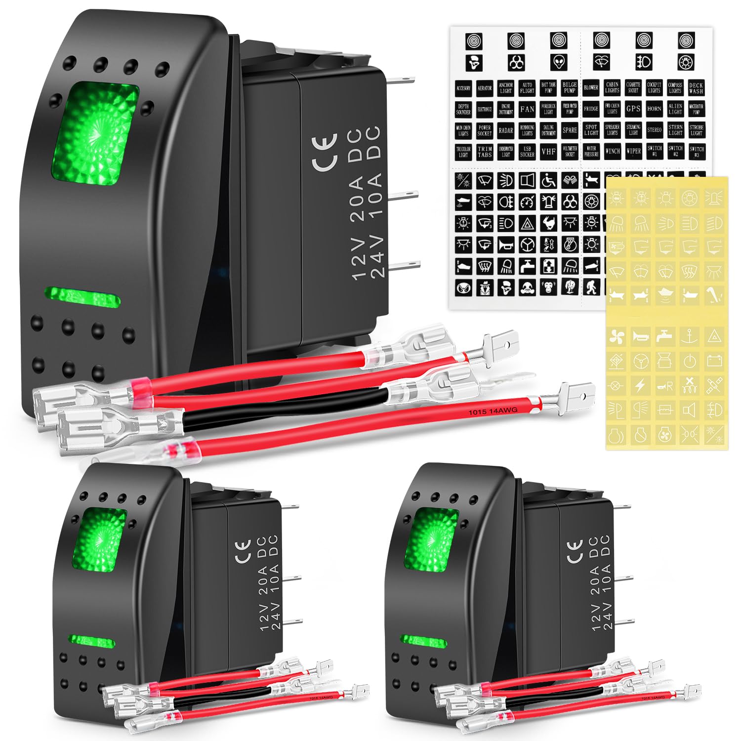 Nilight 3 Pack Rocker Switches With Night Glow Diy Stickers On Off 5 Pin Spst Led Light Switches With Green Backlit 12V/24V Togg