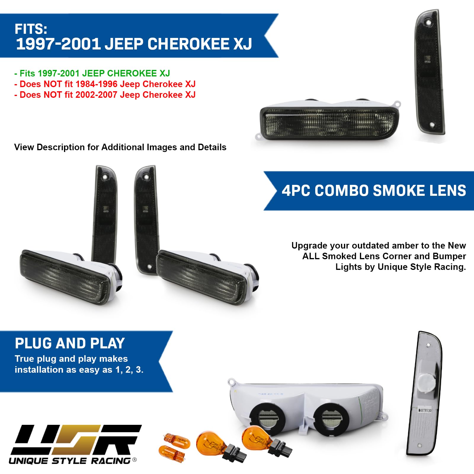 Usr 97-01 Xj Signal Lights - Combo Smoke Bumper Turn Signal + Corner Side Marker Lamps Set + X4 Bulbs Included (Left + Right) Co