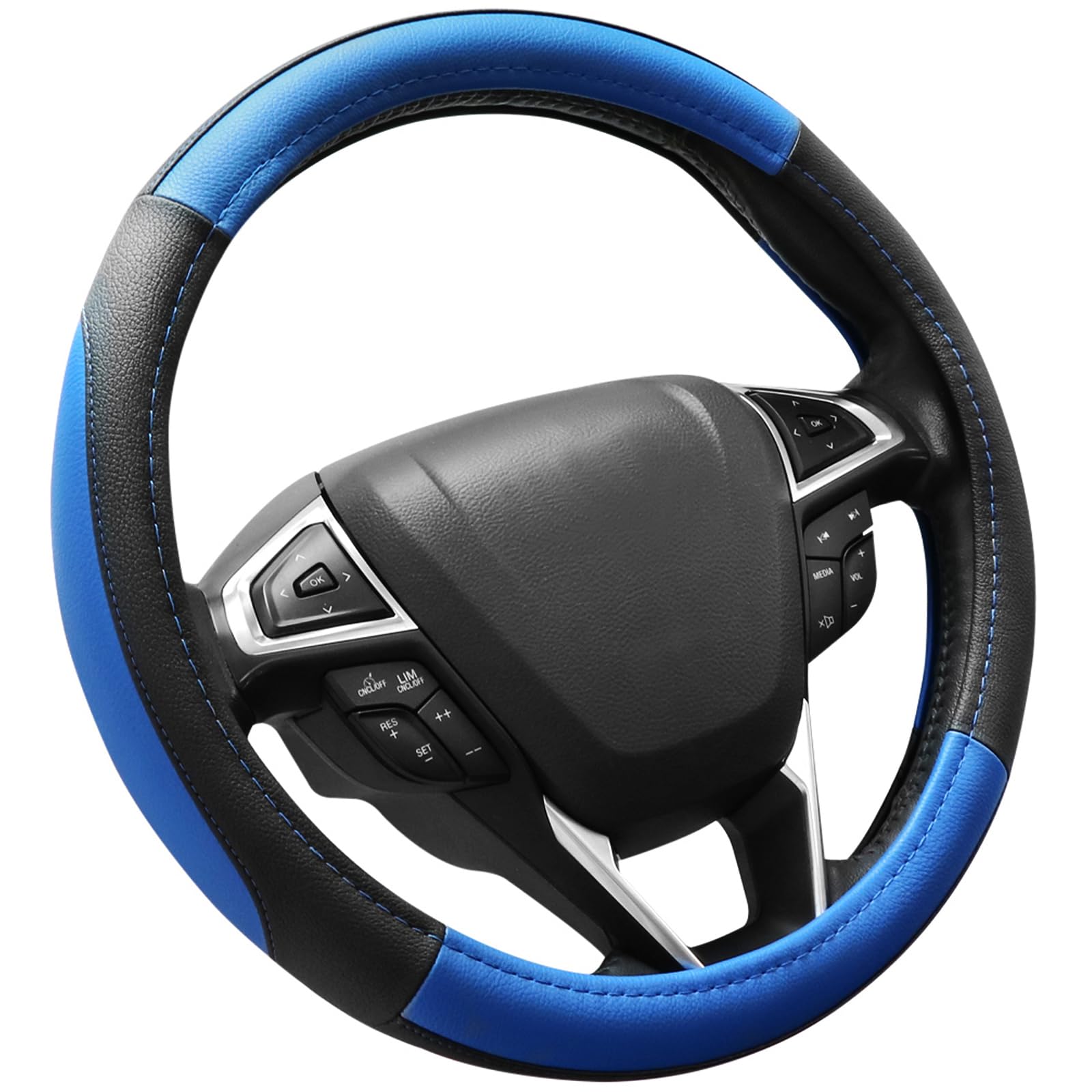 Seg Direct Car Steering Wheel Cover For F-150 Tundra Range Rover 15.5-16 Inch, Black And Blue Microfiber Leather