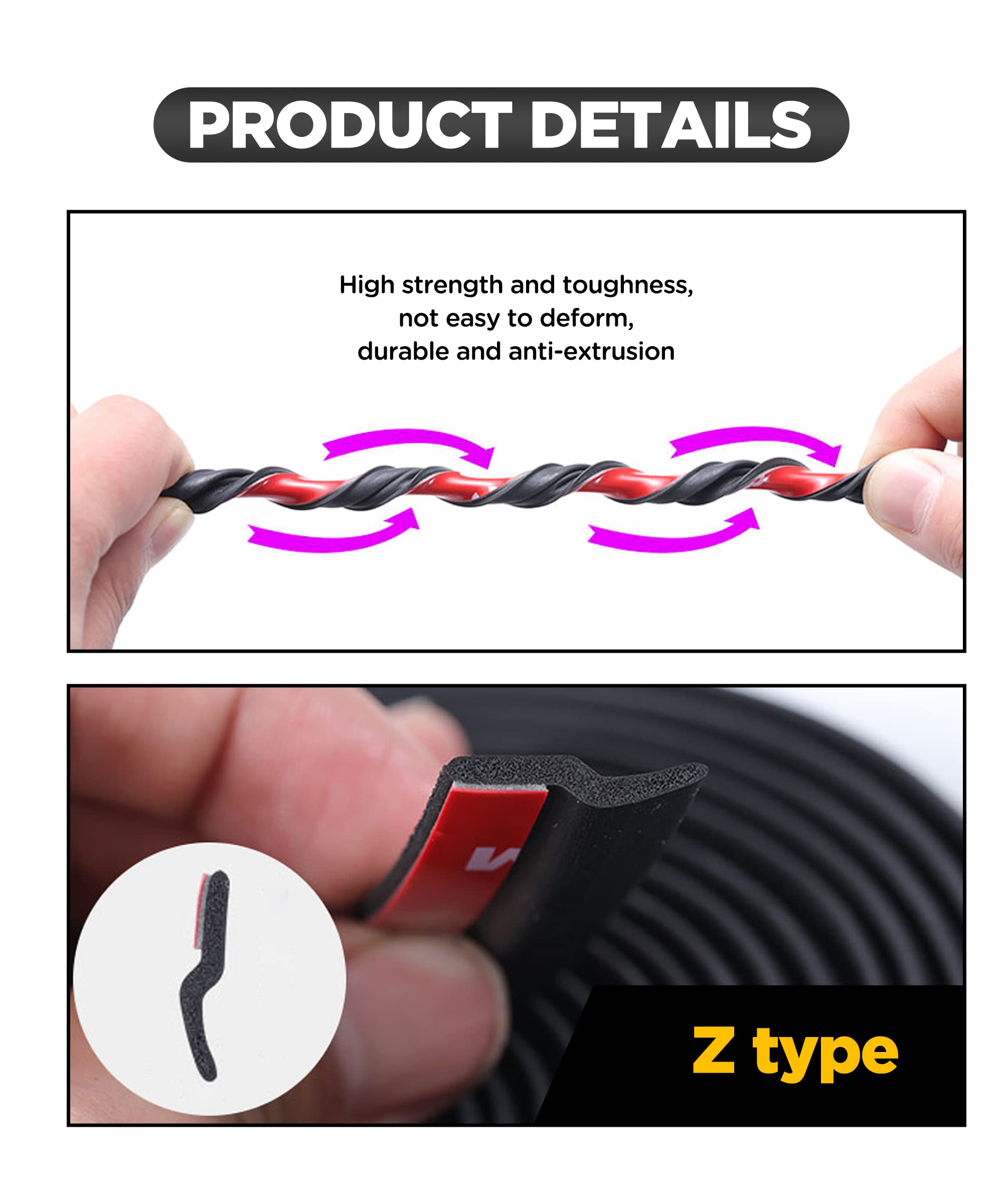 Yakefly Z-Shape Automotive Weather Seal, 13Ft Car Windshield & Door Seal, Self-Adhesive Seal Strip