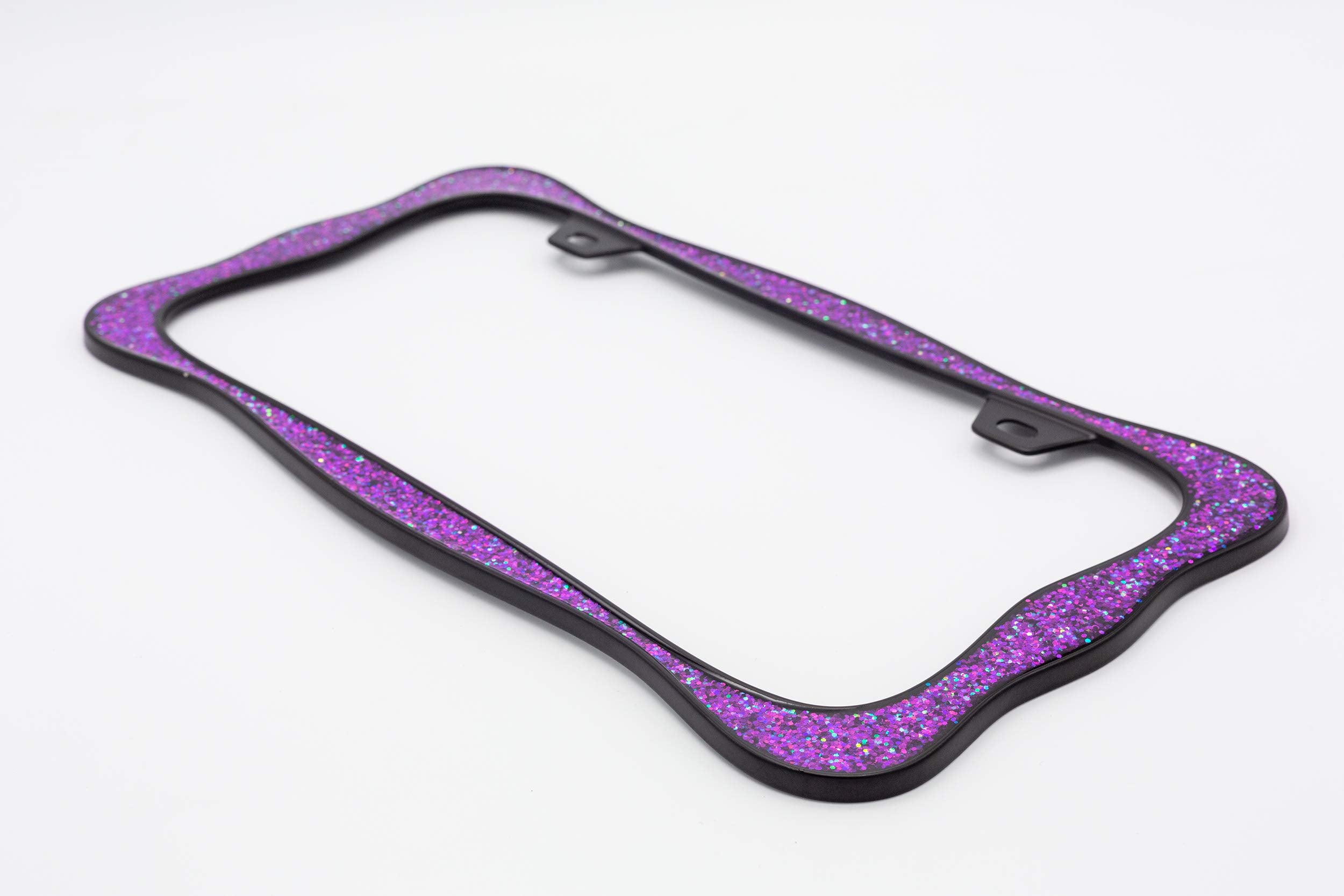 Creathome 3D Shining License Plate Frame, Black Powder Coated With Purple Chunky Gliter, Pure Zinc Alloy Metal