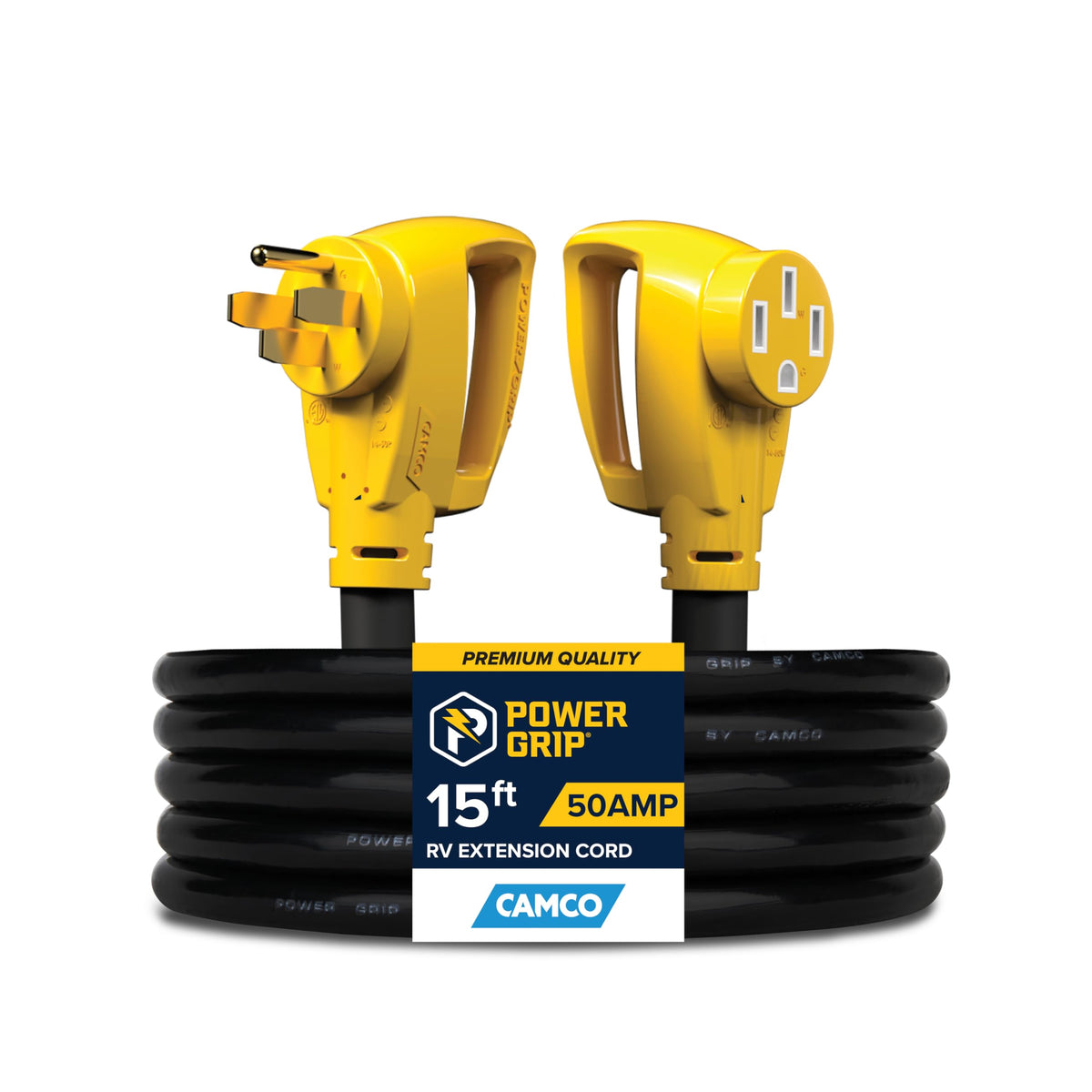 Camco Power Grip 15-Ft 50 Amp Rv Extension Cord - Rated For 125/250 V/12,500 W - Features Copper 6/3 + 8/1-Gauge Wires For Super