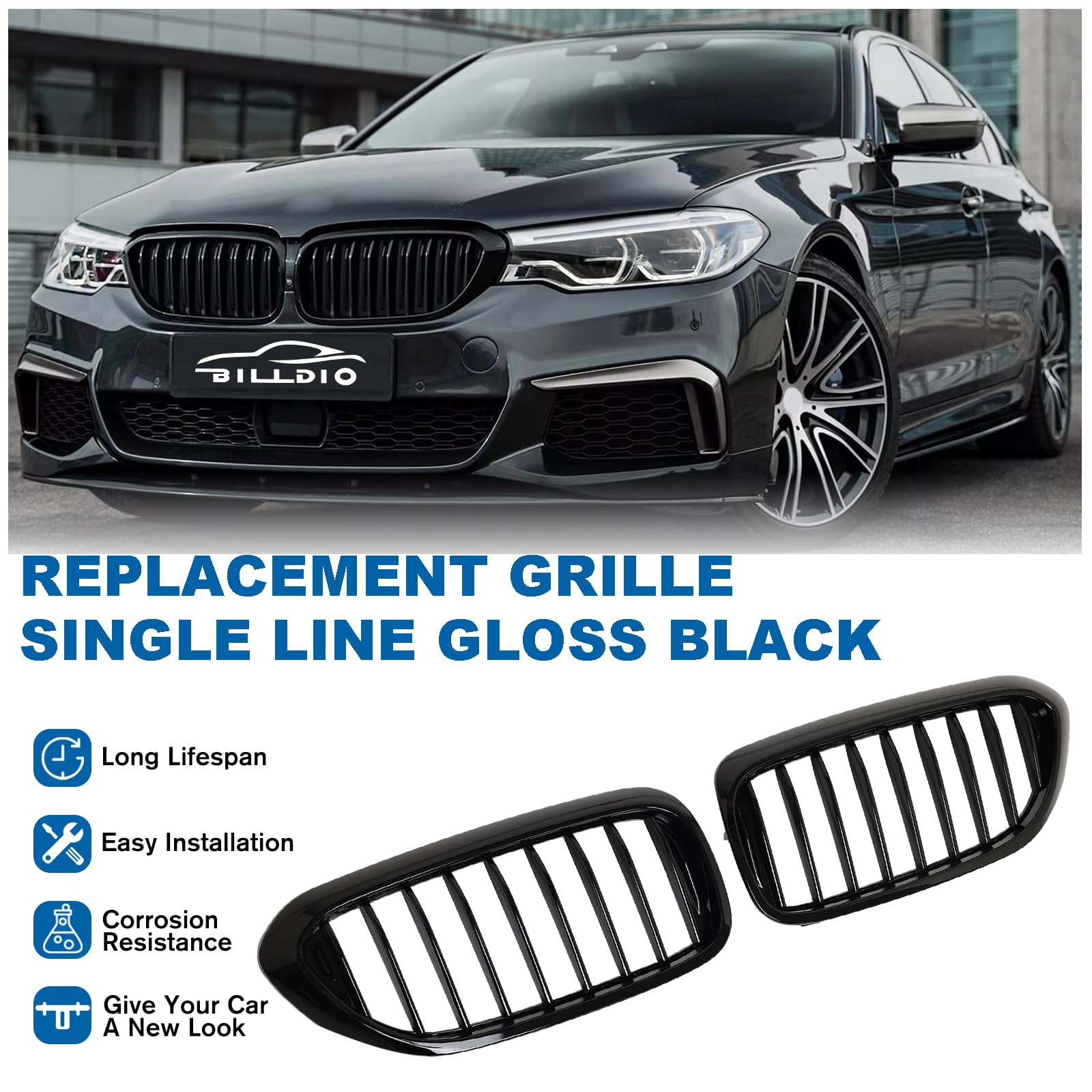 BILLDIO G30 Black Kidney Grill for BMW 5 Series 2017-2020, Single Slat, ABS Plastic, Gloss Black Finish