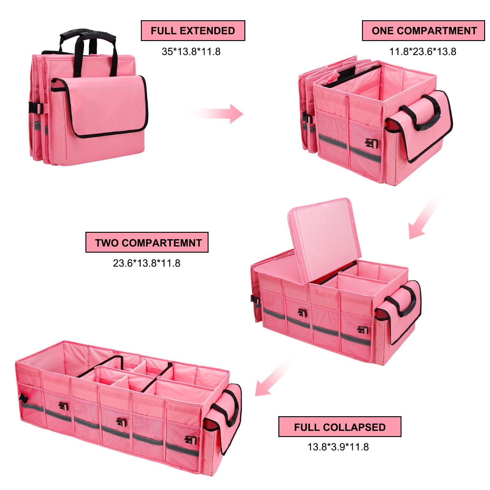 GDNasist Pink Car Trunk Organizer with Lid & Removable Cooler Bag - Collapsible Large Storage for SUV, Jeep, MPV, BMW
