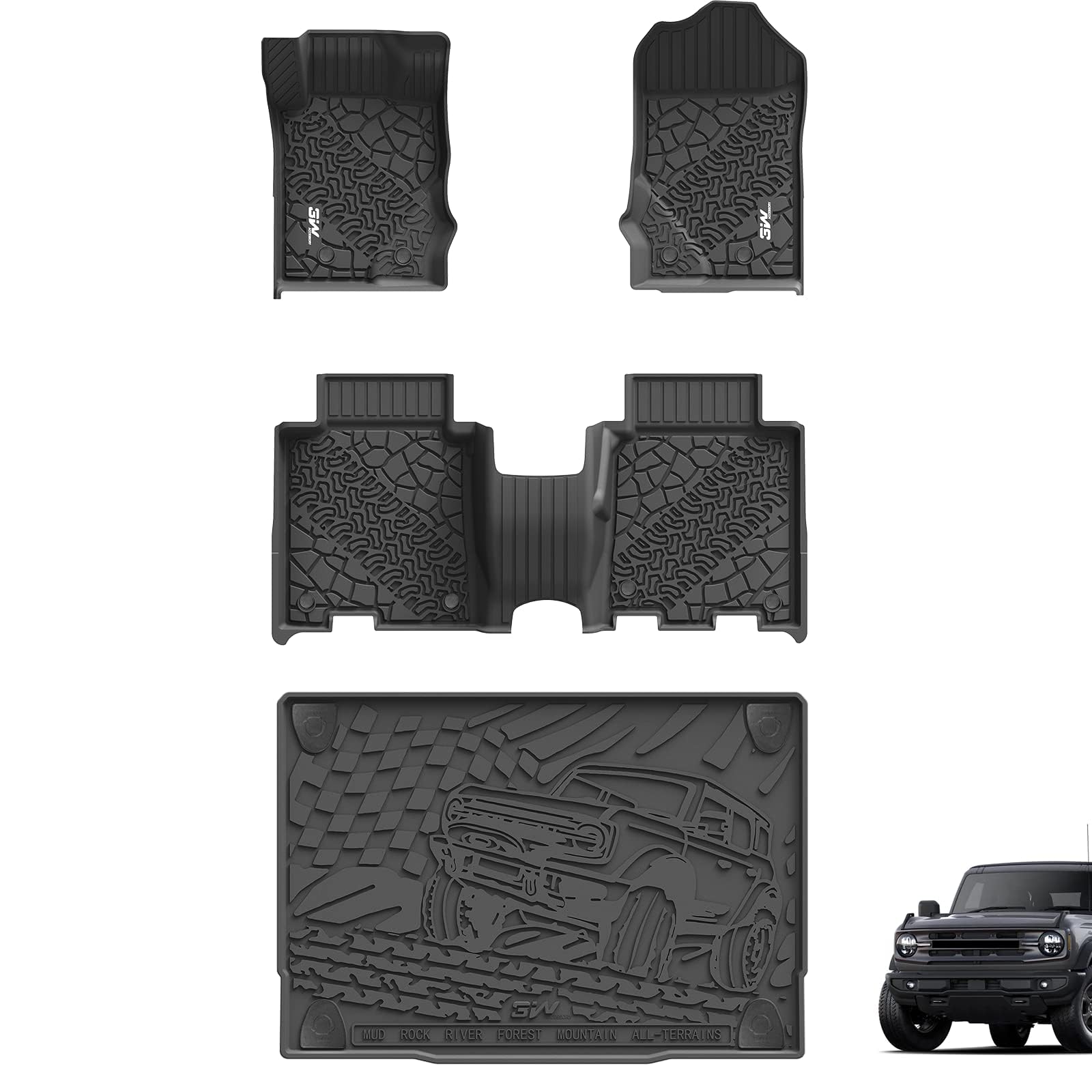 3W Floor Mats & Cargo Liner Fit For 2021-2024 2025 Ford Bronco 4 Door, Tpe All Weather Custom Fit Floor Liner 1St 2Nd Row And Fu
