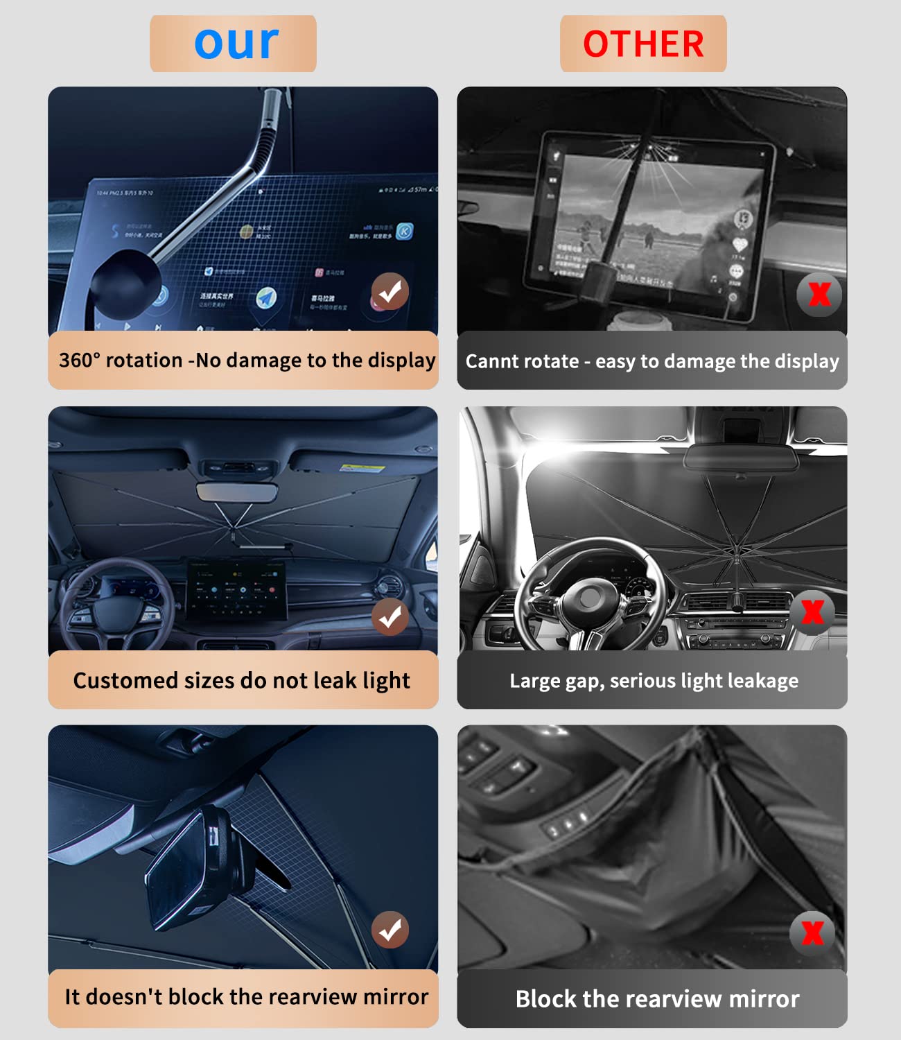 Custom-Fit for Cadillac Windshield Sun Shade Umbrella, 360Rotation Bendable Car Umbrella Sunshade Cover UV Block Car Front Windo