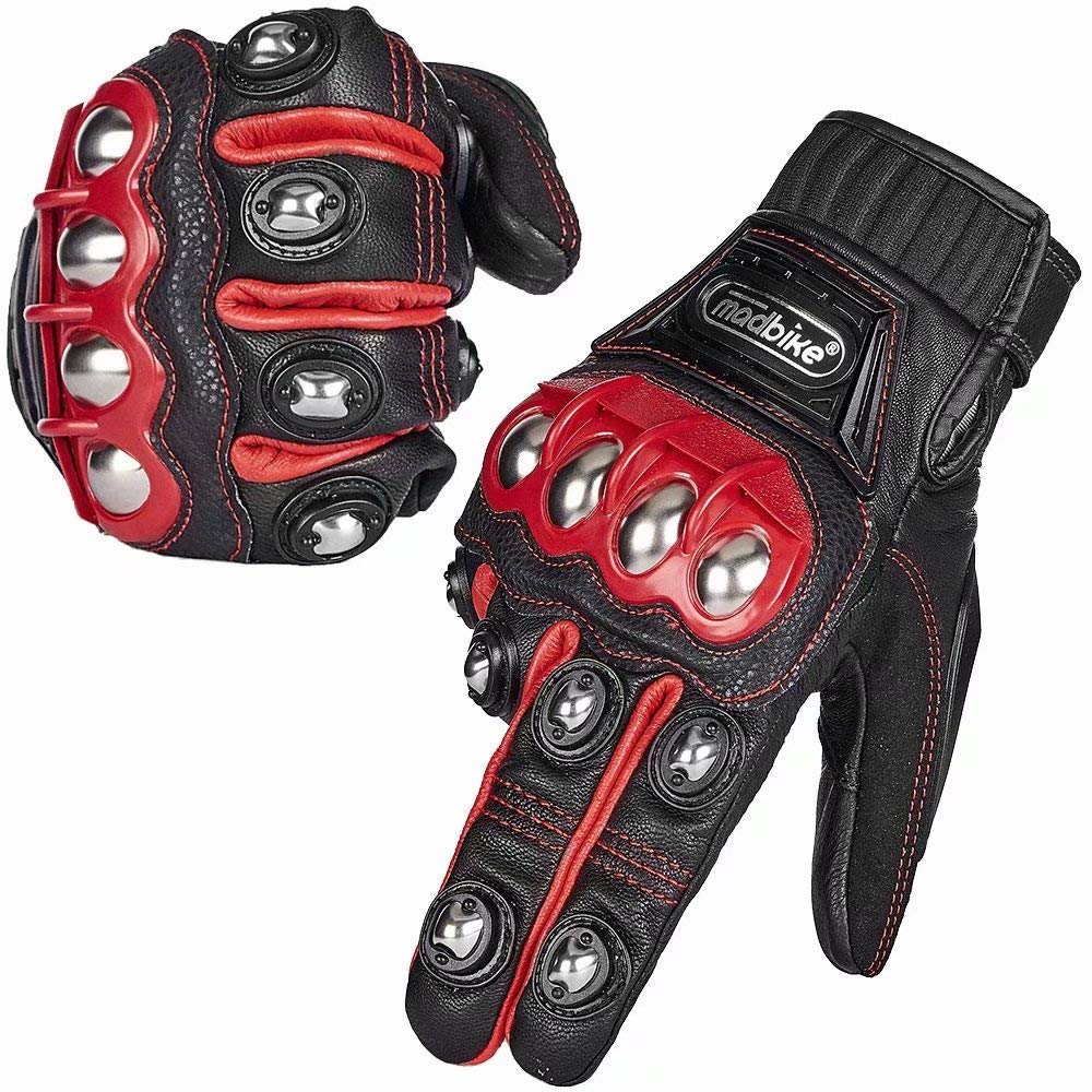 Ilm Alloy Steel Leather Hard Knuckle Touchscreen Motorcycle Bicycle Motorbike Powersports Racing Gloves (M, (Leather) Red) Model 10Cl